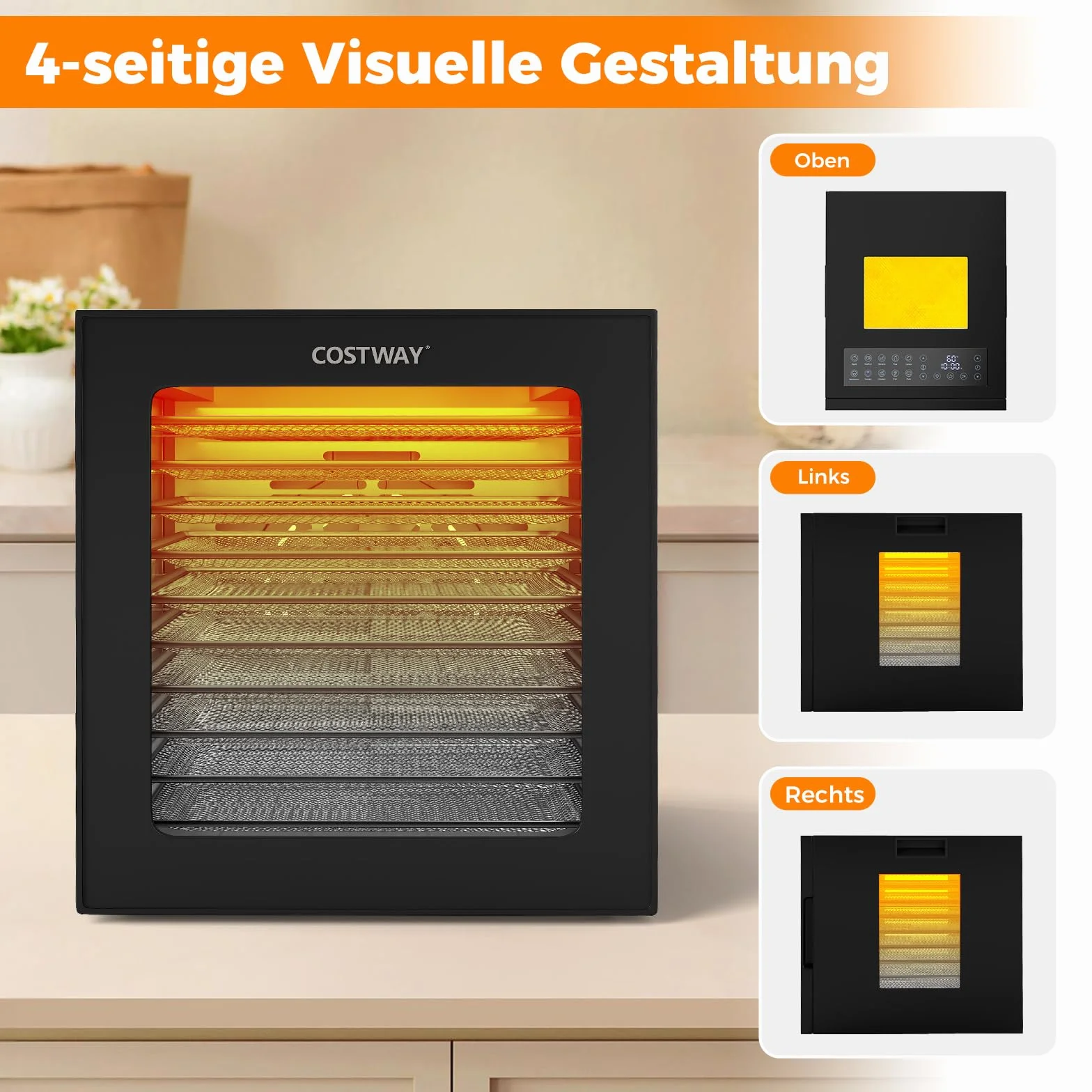 COSTWAY Suszarka 850 W, w zestawie 10 misek ze stali nierdzewnej, urządzenie do suszenia z 10 wstępnie ustawionymi programami, timer 48 h i temperatura 30-75°C, suszarka do żywności do owoców, warzyw