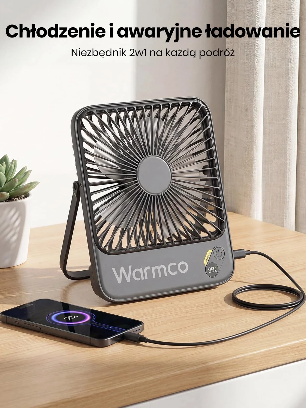Warmco Wentylator Przenośny 10000mAh Wysokość 21 cm, Max 24h Pracy, Cichy Akumulatorowy Wiatrak Biurkowy z Wyświetlaczem Cyfrowym do Kempingu, Biura, Sypialni