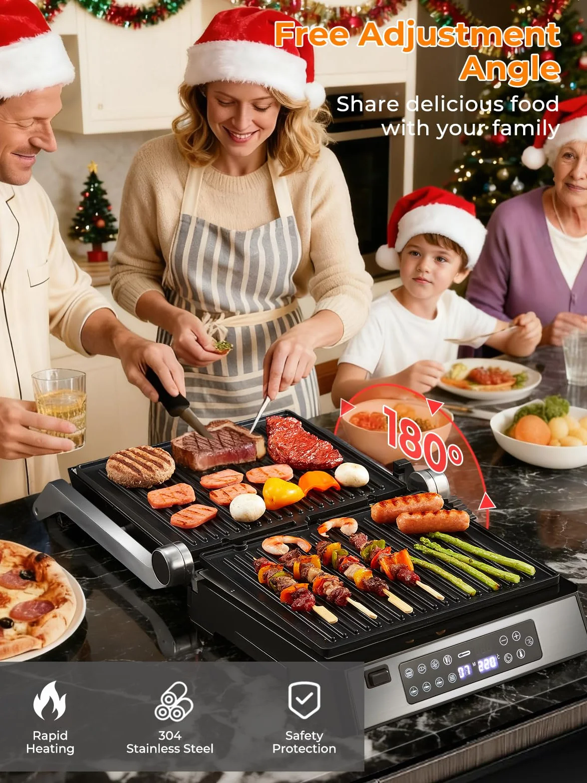 FOHERE Grill kontaktowy XL 4 w 1, opiekacz do kanapek i gofrownica 2200 W, z 4 zdejmowanymi płytami
