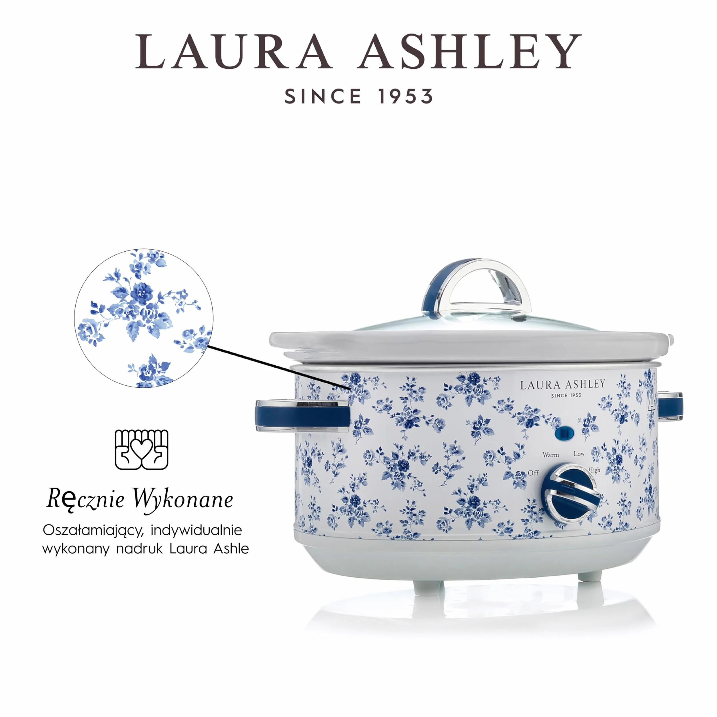 Wolnowar elektryczny Laura Ashley 6,5 Litra z Nadrukiem China Rose firmy VQ - Wolnowar dla 8 do 10 Osób, Energooszczędny, z 3 Ustawieniami Temperatury i Pokrywką ze szkła Hartowanego