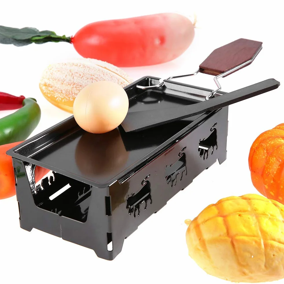 Mini Raclette Składany Tealight Raclette Nieprzywierający Rotaster Blacha do pieczenia Zestaw pieców Ze stali węglowej Domowy grill kuchenny Narzędzie z drewnianą rączką