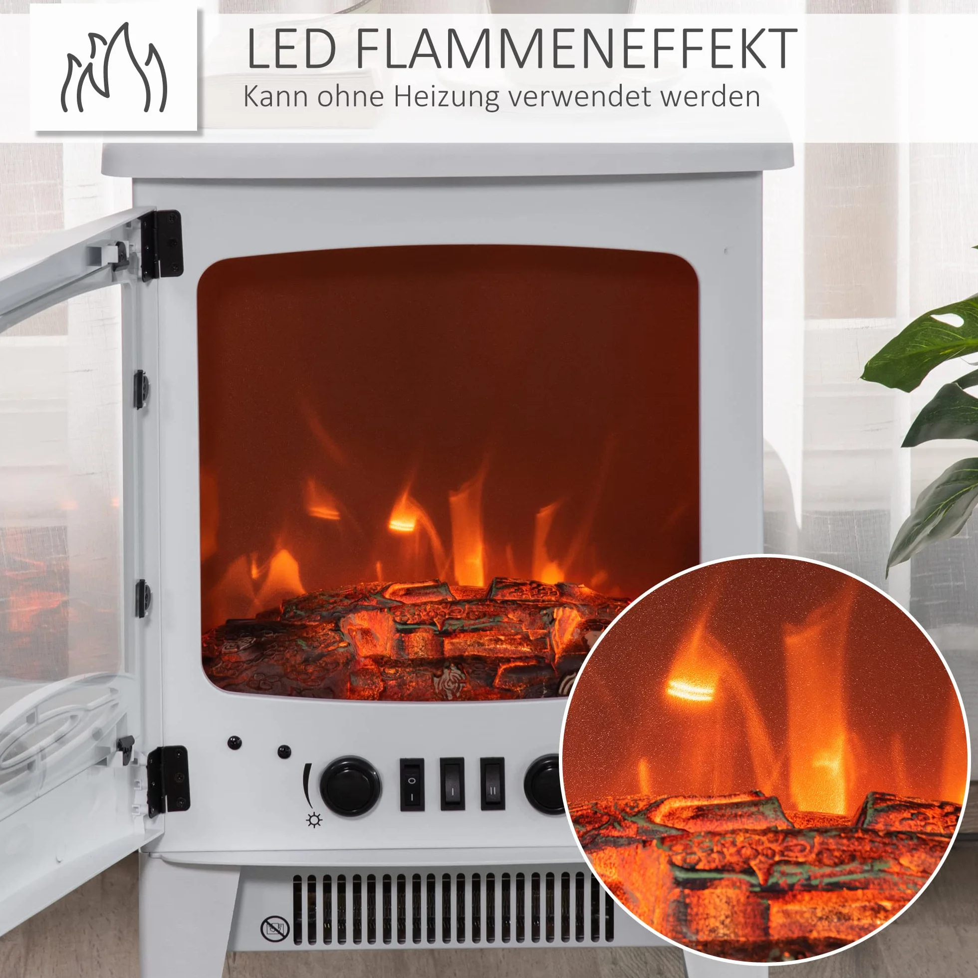 HOMCOM kominek elektryczny LED kominek podłogowy piecyk kominkowy z efektem płomienia 900/1800 W metal tworzywo sztuczne ABS szkło kolor biały 39 x 26 x 54,8 cm