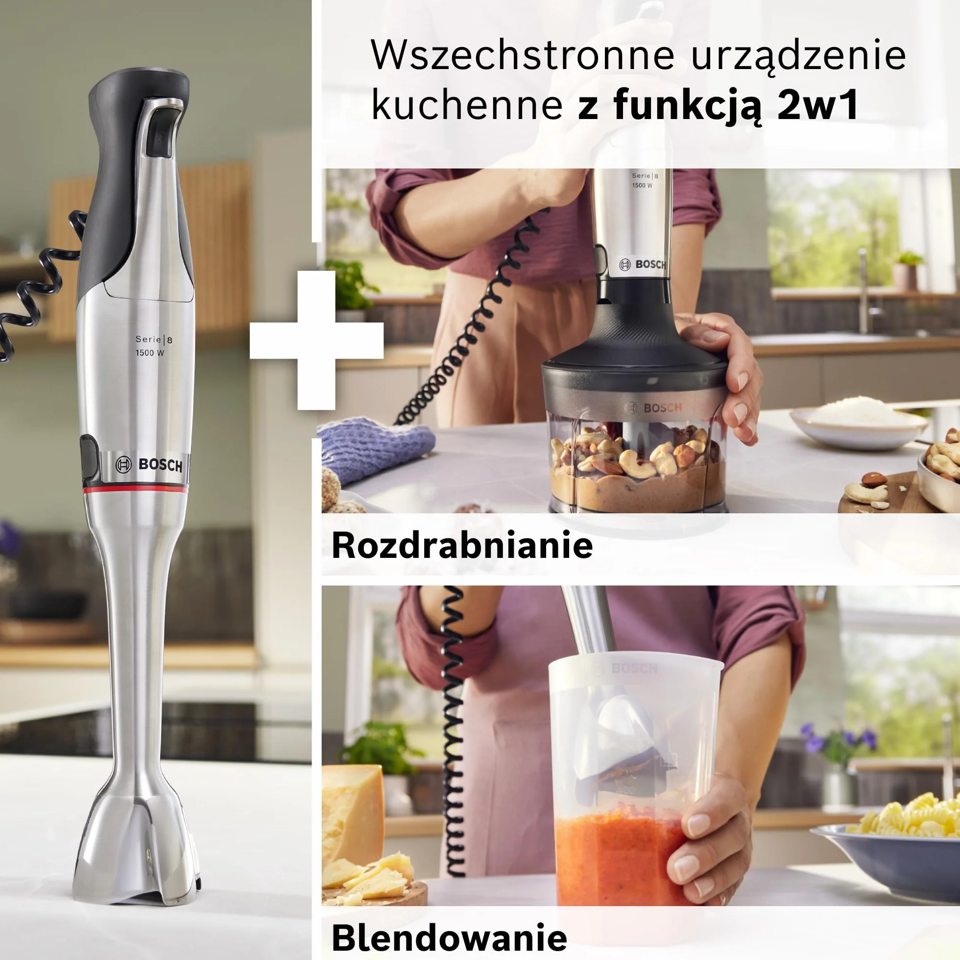 Bosch, blender ręczny, ErgoMaster Serie 8, silnik 1500 W, intuicyjna regulacja prędkości, 6-ramienne ostrze, akcesoria w zestawie, stal nierdzewna, MSM8M930