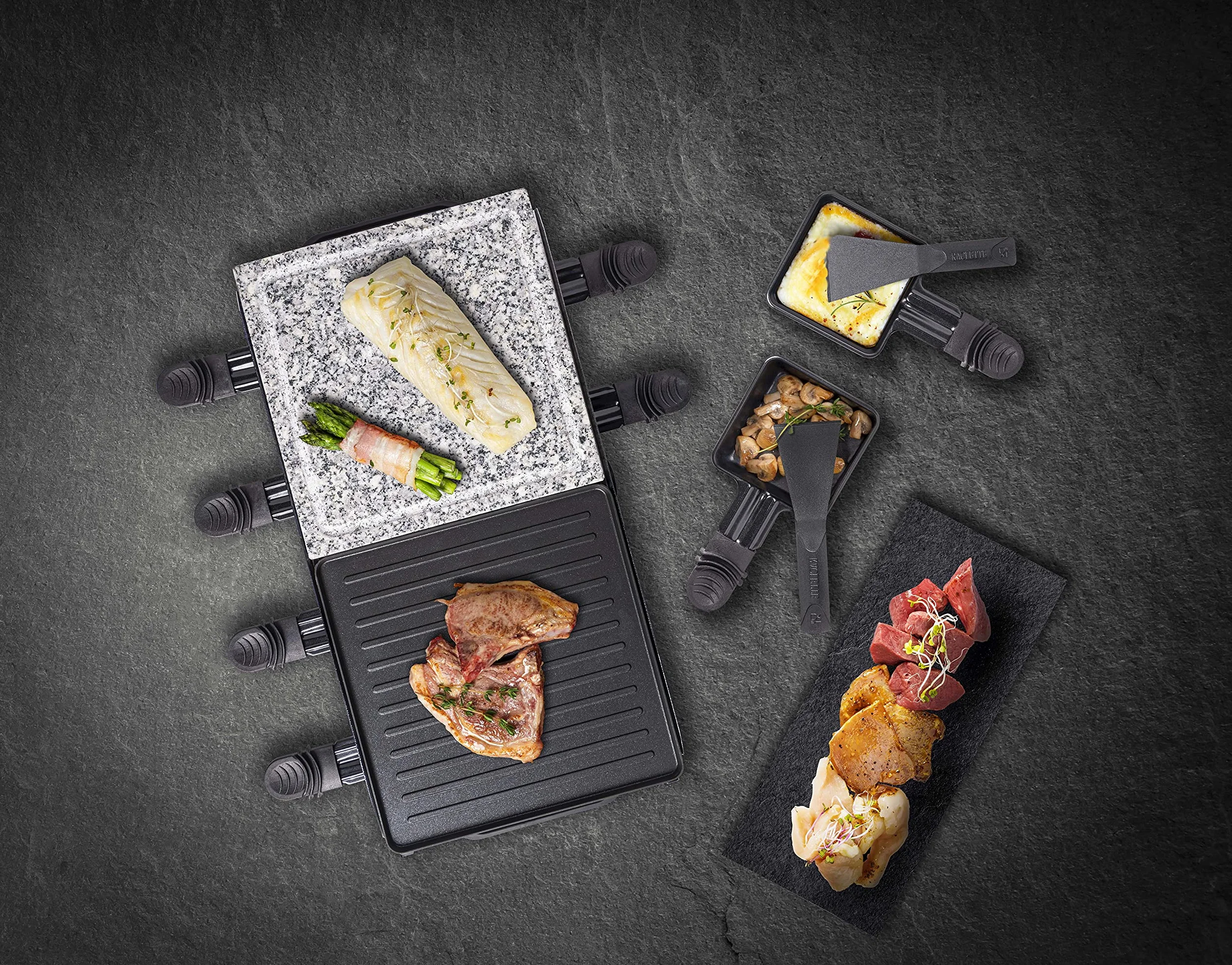 Bestron Grill imprezowy 2 w 1 elektryczny raclette dla 8 osób, naturalny kamień, płyta grillowa z powłoką nieprzywierającą, 8 patelni