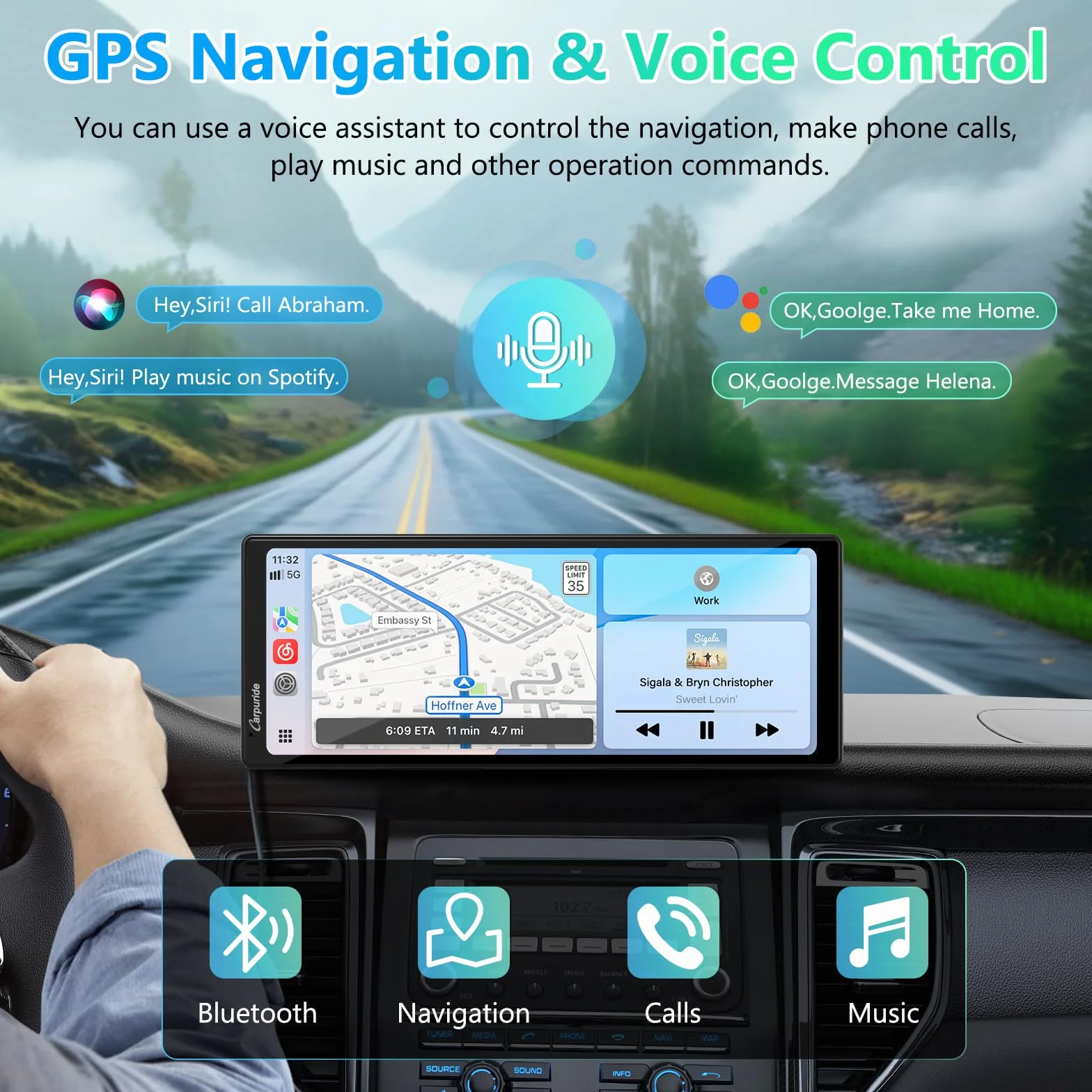 Carpuride V92 Przenośny samochodowy stereo, Bezprzewodowy Carplay i Android Auto, 10,26-calowe radio z ekranem dotykowym 1080P HD z BT 5.0, uchwyt na deskę rozdzielczą do samochodów ciężarowych