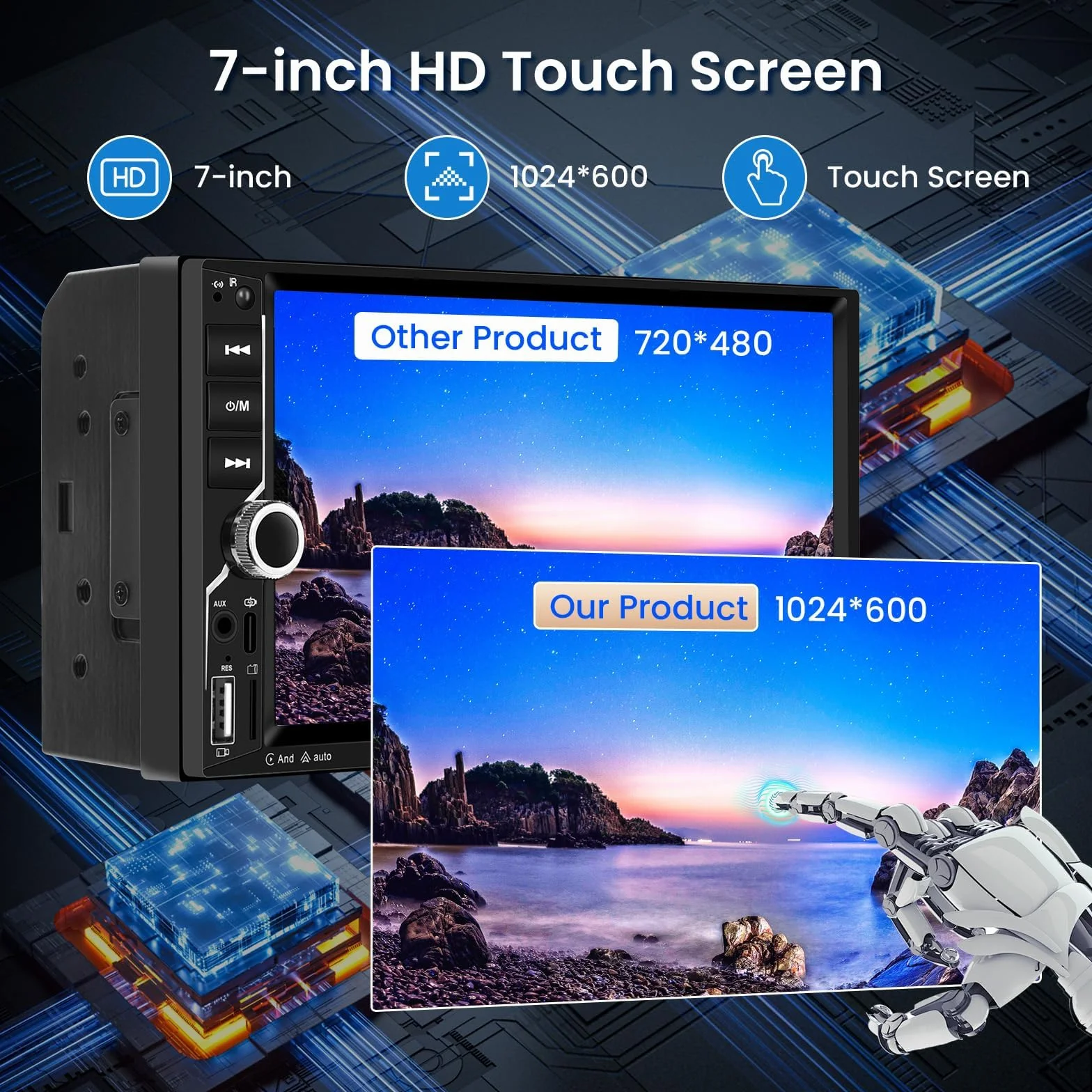 VECHTEL Radio samochodowe 2 DIN z bezprzewodowym Carplay Android Auto, 7-calowy ekran dotykowy, radio samochodowe Bluetooth, radio FM, Typ-C/USB/TF/AUX, MirrorLink, kamera cofania, sterowanie zdalne