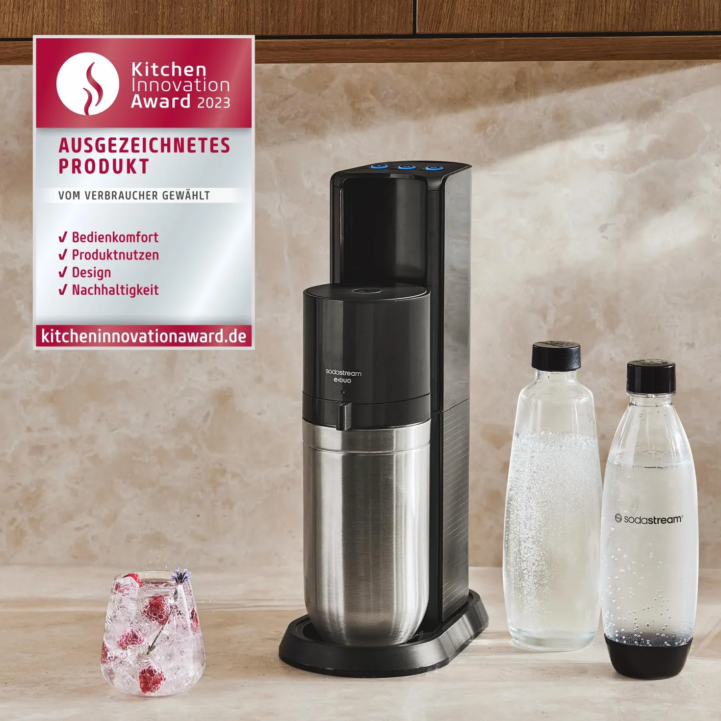 SodaStream E-DUO saturator CO2 cylinder standardowe opakowanie 1L szklana butelka