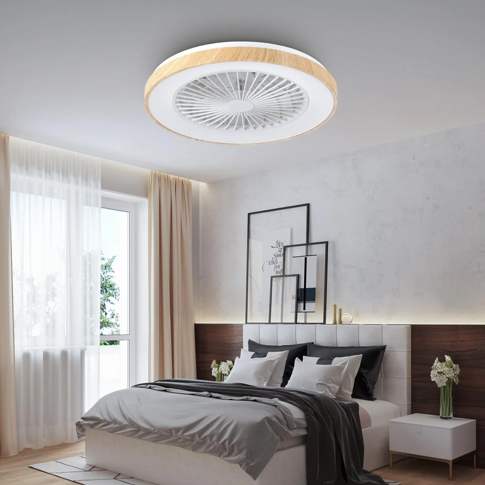 Wentylator sufitowy z oświetleniem do sypialni, Ø 48 cm, cichy silnik DC 20 W, pilot zdalnego sterowania, 6-biegowy, nowoczesna lampa sufitowa LED 40 W z wentylatorem, RGB, możliwość ściemniania, 3000