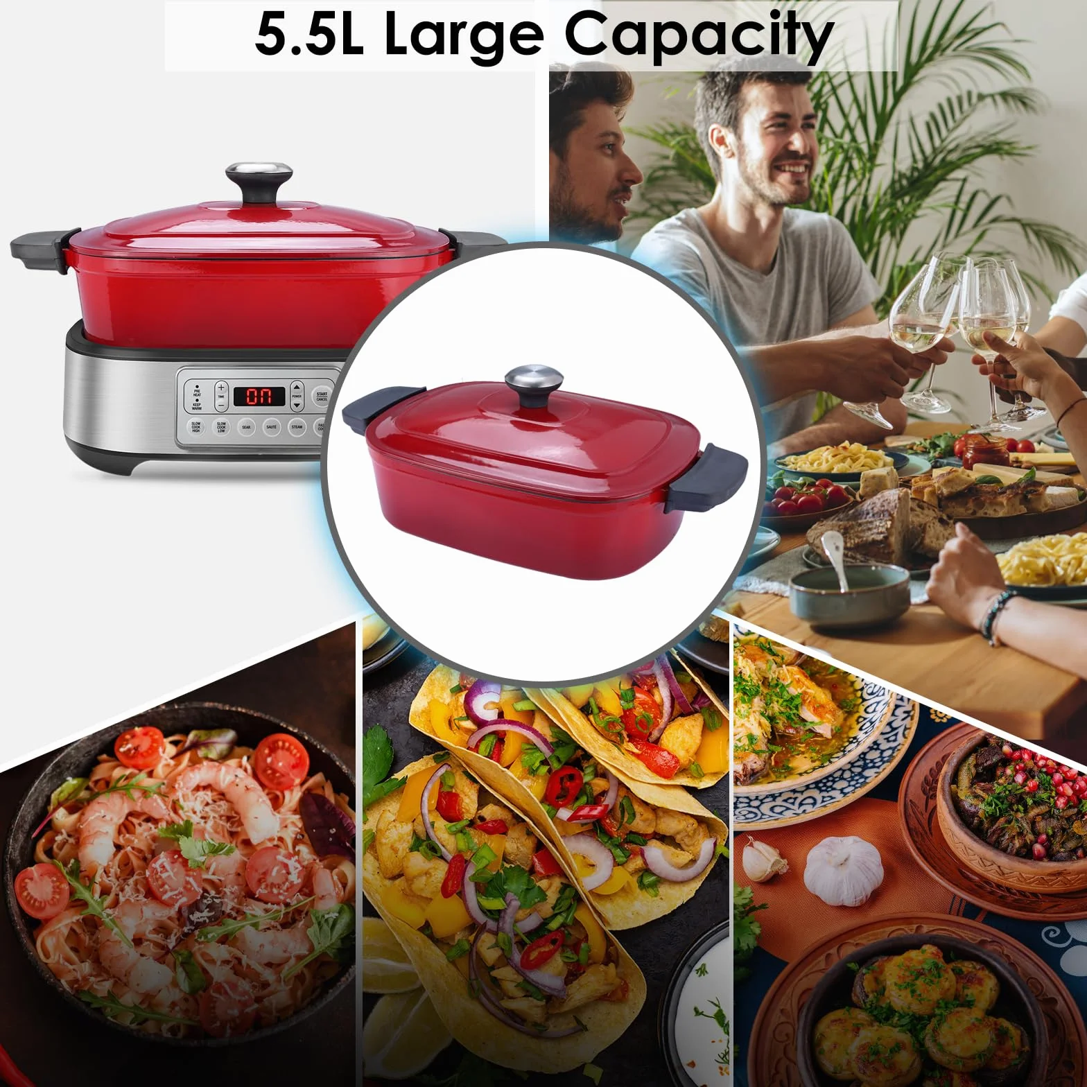 Homtone 6 w 1 Slow Cooker garnek 5,5 l programowalny emaliowany ceramiczny