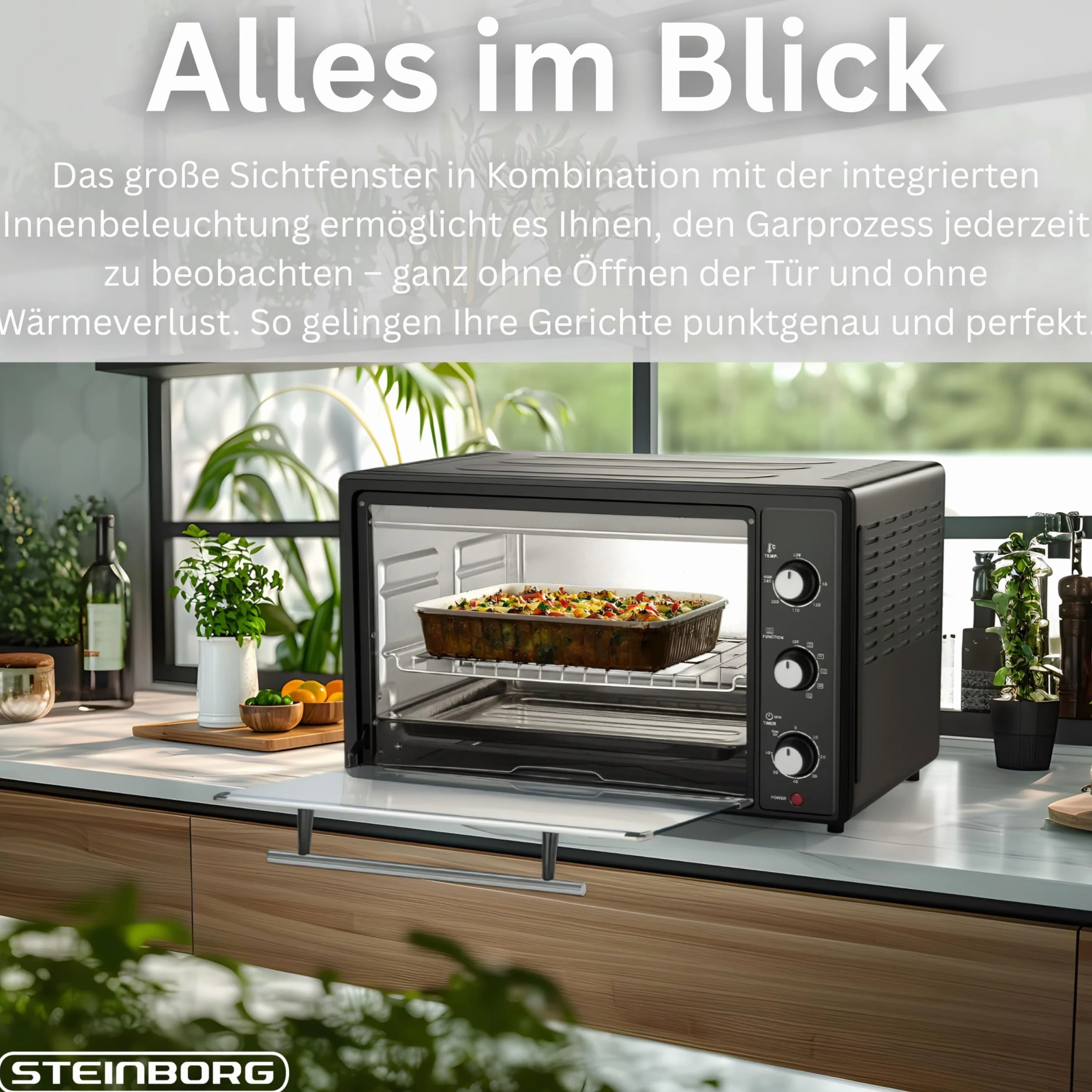 Mini piekarnik 45 litrów z termoobiegiem | elektryczny rożen obrotowy | 1800 W | piec termoobiegowy | piec do pizzy | oświetlenie wewnętrzne | w zestawie blacha do pieczenia i ruszt do grillowania |