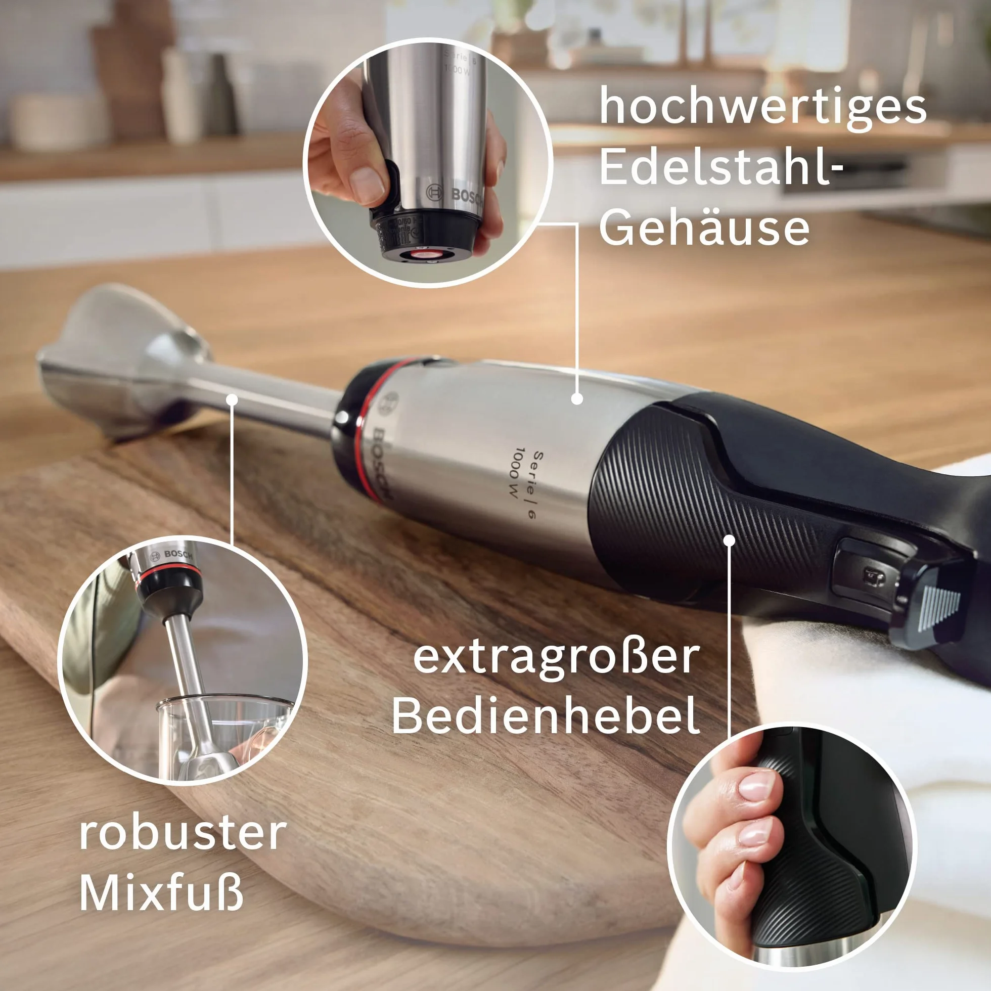 Bosch Blender Ręczny ErgoMaster Serie 6 MSM6M673, 1000 W, 4 Ostrza ze Stali Nierdzewnej, Wygodne sterowanie, Rozdrabniacz, Końcówka do Puree, Trzepaczka, Czarny/Srebrny