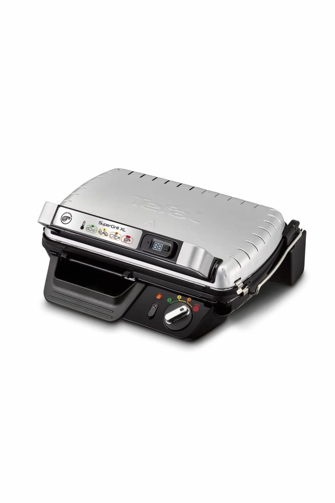 TEFAL GC461B SUPERGRILL XL grill elektryczny z timerem, 4-pozycyjny termostat, Cyfrowy timer, tryb MAX do mocnego obsmażania, moc 2400 W, powierzchnia grillowania XXL, duża tacka ociekowa, srebrny