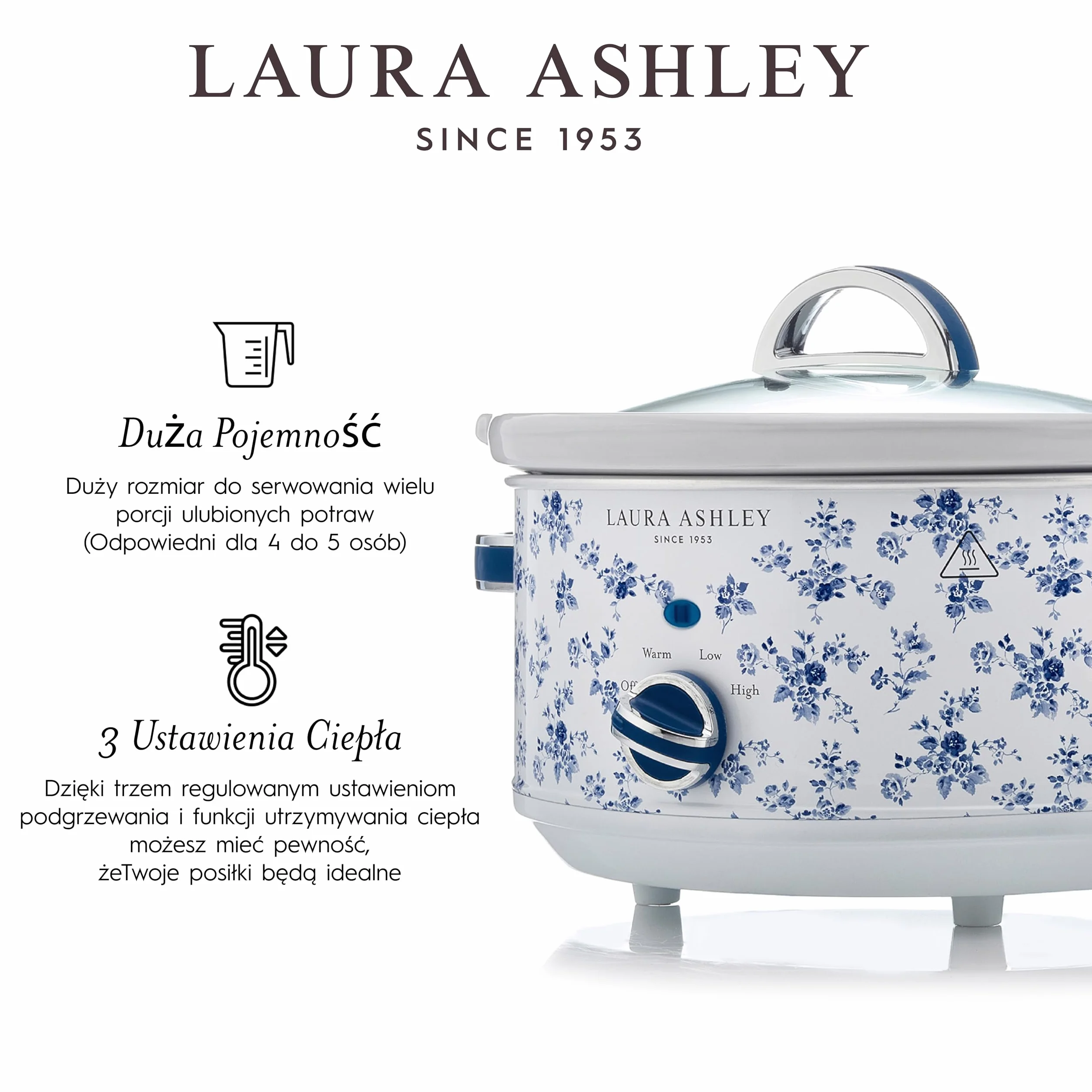 Wolnowar elektryczny Laura Ashley 6,5 Litra z Nadrukiem China Rose firmy VQ - Wolnowar dla 8 do 10 Osób, Energooszczędny, z 3 Ustawieniami Temperatury i Pokrywką ze szkła Hartowanego