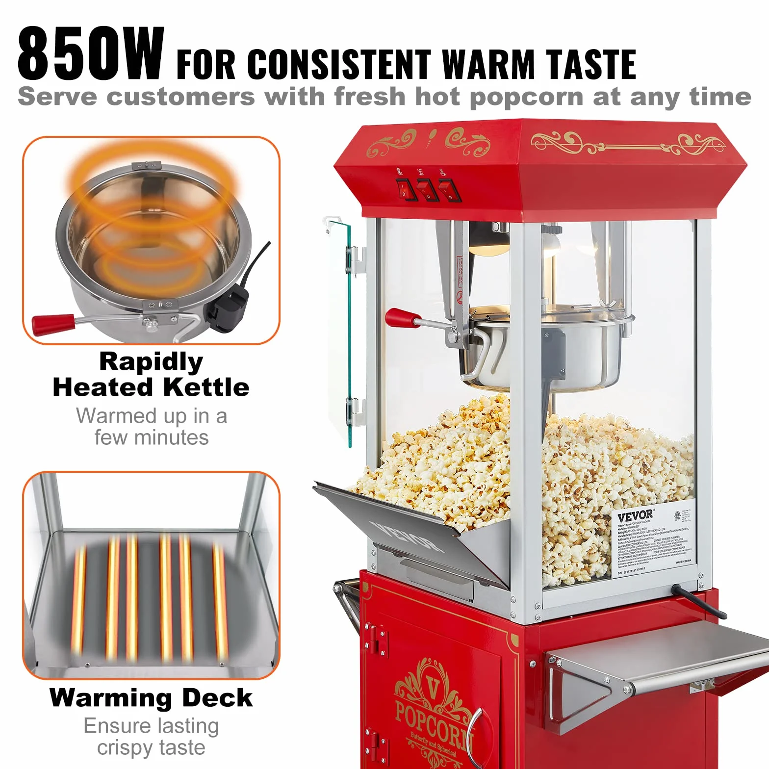 VEVOR Maszyna do popcornu z wózkiem 850 W, czajnik elektryczny 0,22 kg, 48 filiżanek, szkło hartowane