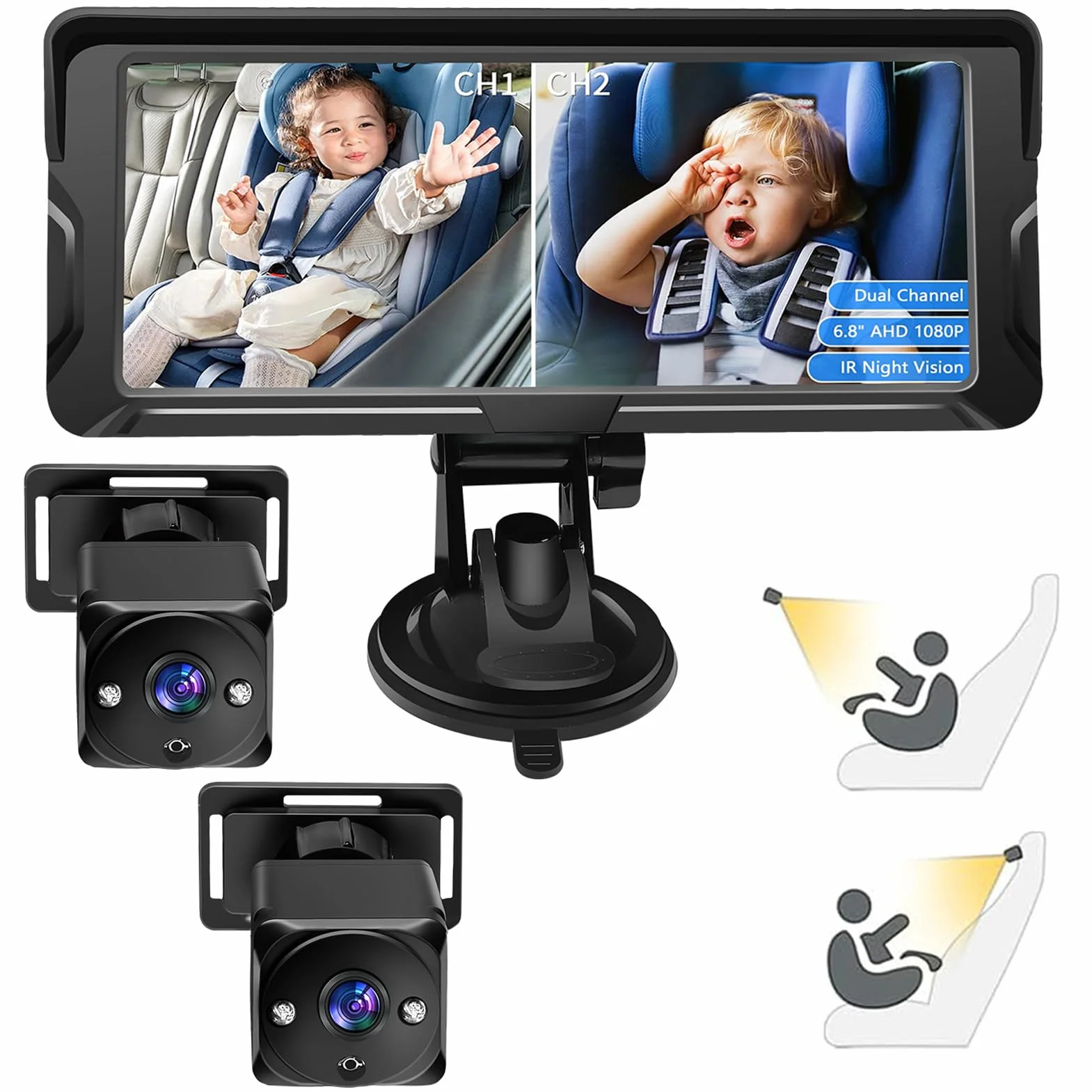 Kamera do fotelika dziecięcego 2-Kids 6,8 cala 1080P z szerokim kątem widzenia 150° i noktowizją IR