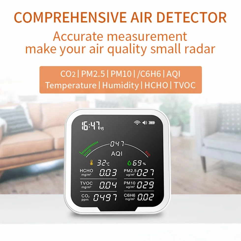 Irfora Przenośny miernik jakości powietrza HCHO/TVOC/CO2/PM2,5/PM10/AQI/C6H6 tester temperatury i wilgotności powietrza 4,8 cala, duży ekran detektora dwutlenku węgla z wyświetlaczem czasu i funkcją
