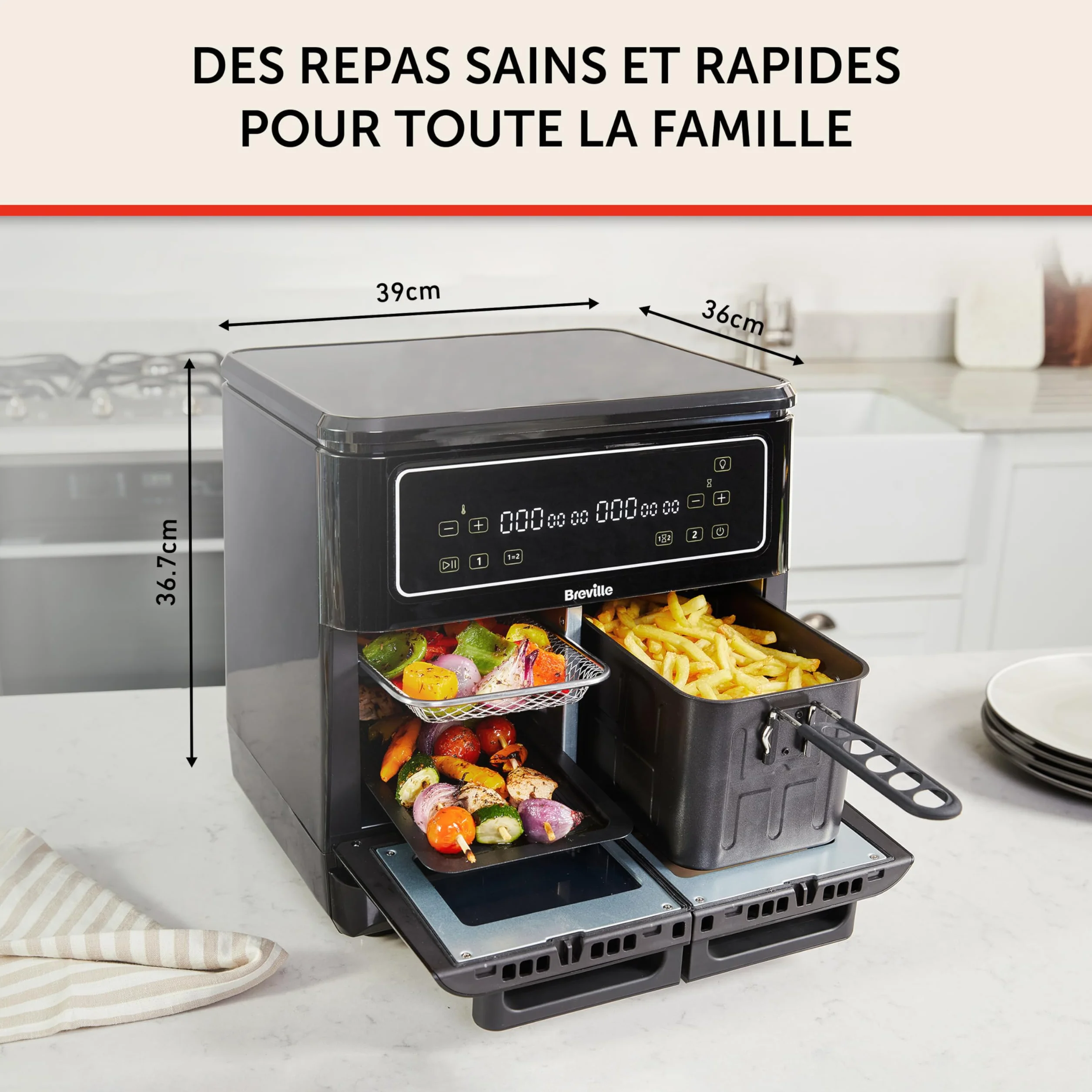 Breville Halo Flexi frytkownica na gorące powietrze, cyfrowa, dwukomorowa, 11 l, dla ponad 10 osób, smażenie, grillowanie, smażenie, podgrzewanie, 2400 W [VDF130X]