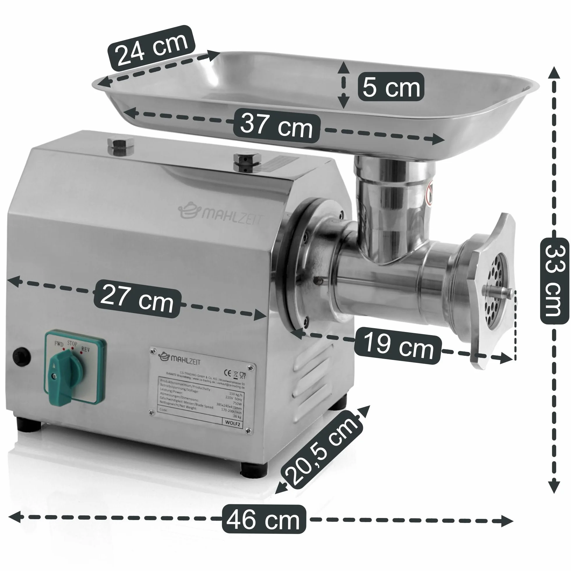 Mahlzeit profesjonalna elektryczna maszynka do mięsa ze stali nierdzewnej | 750 W – 150 kg/h | maszyna do karnawału ze stali nierdzewnej, maszyna do kiełbasy w jakości gastronomicznej | maszyna do