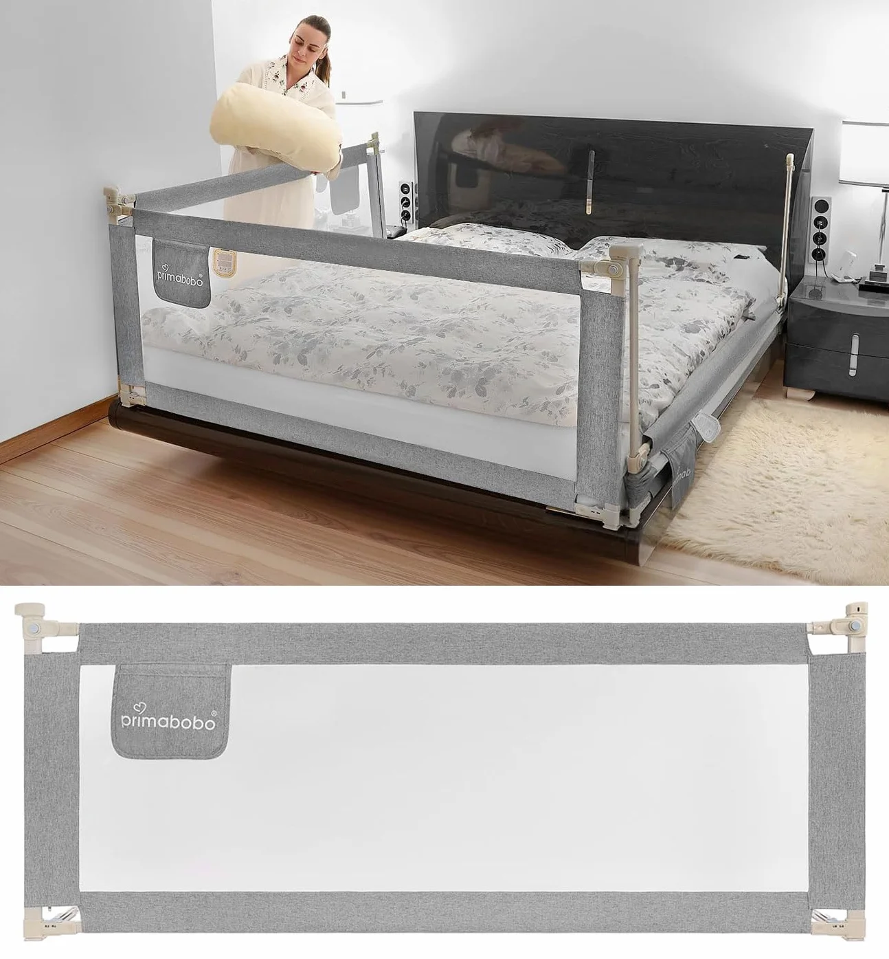 Primabobo Zestaw Barierki do Łóżka Classic Szare – 2x 200 cm + 1x 140 cm, Składane, Bezpieczne, Uniwersalne, Zabezpieczenie dla Dzieci