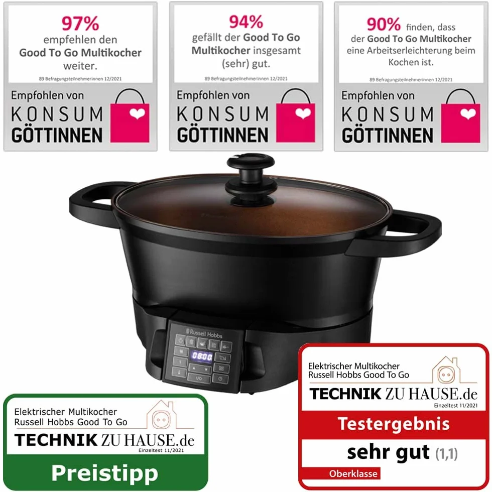Russell Hobbs multicooker, 8 funkcji, cyfrowy programator i timer, pokrywka ze szkła hartowanego, gotowanie sous-vide, zimne uchwyty, pojemność 6,5l, moc 1000W, czarny, Good To Go 28270-56