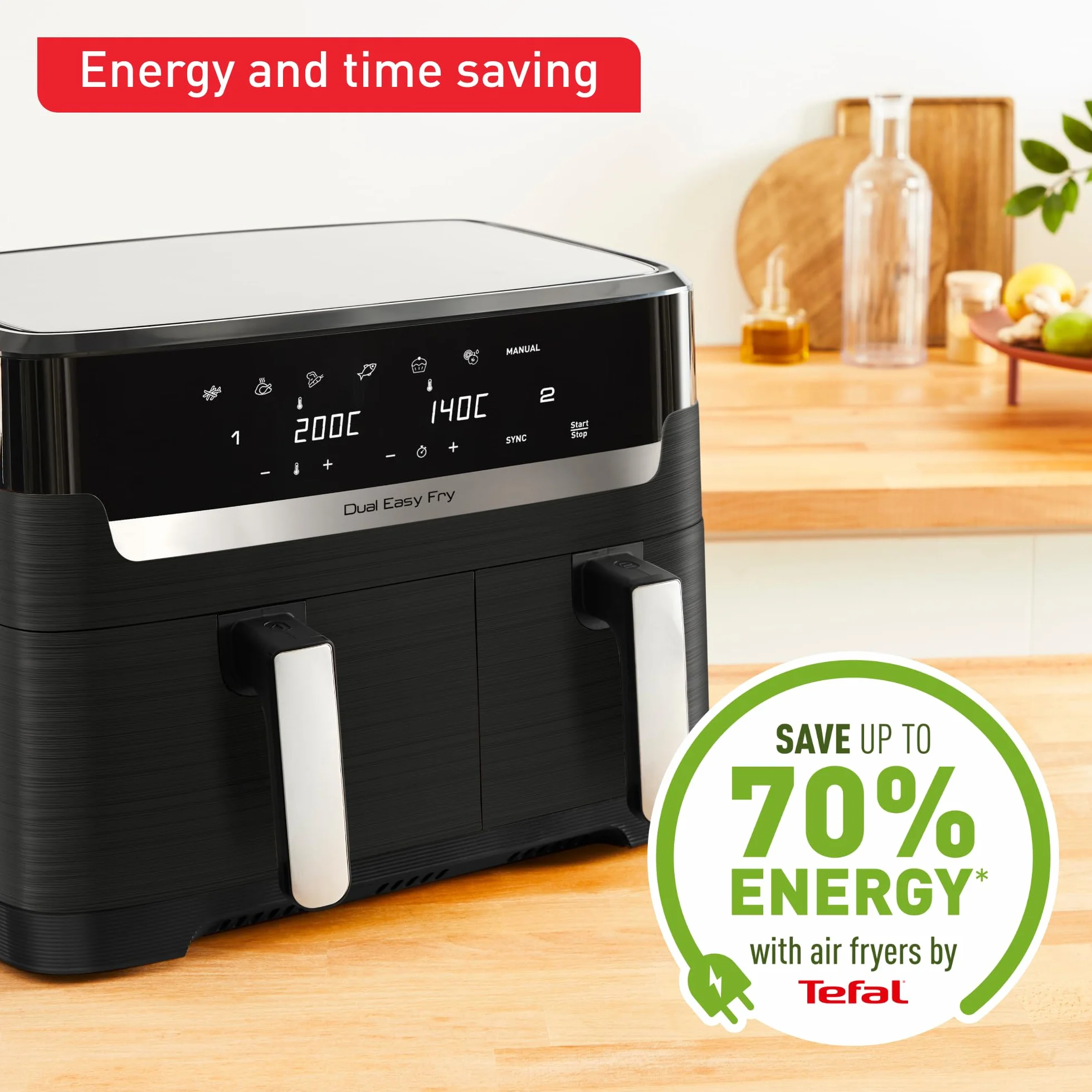 Tefal EY9018 Dual Easy Fry, Frytkownica Beztłuszczowa, Czarna Matowa, 8,3 L, Dwie Szuflady