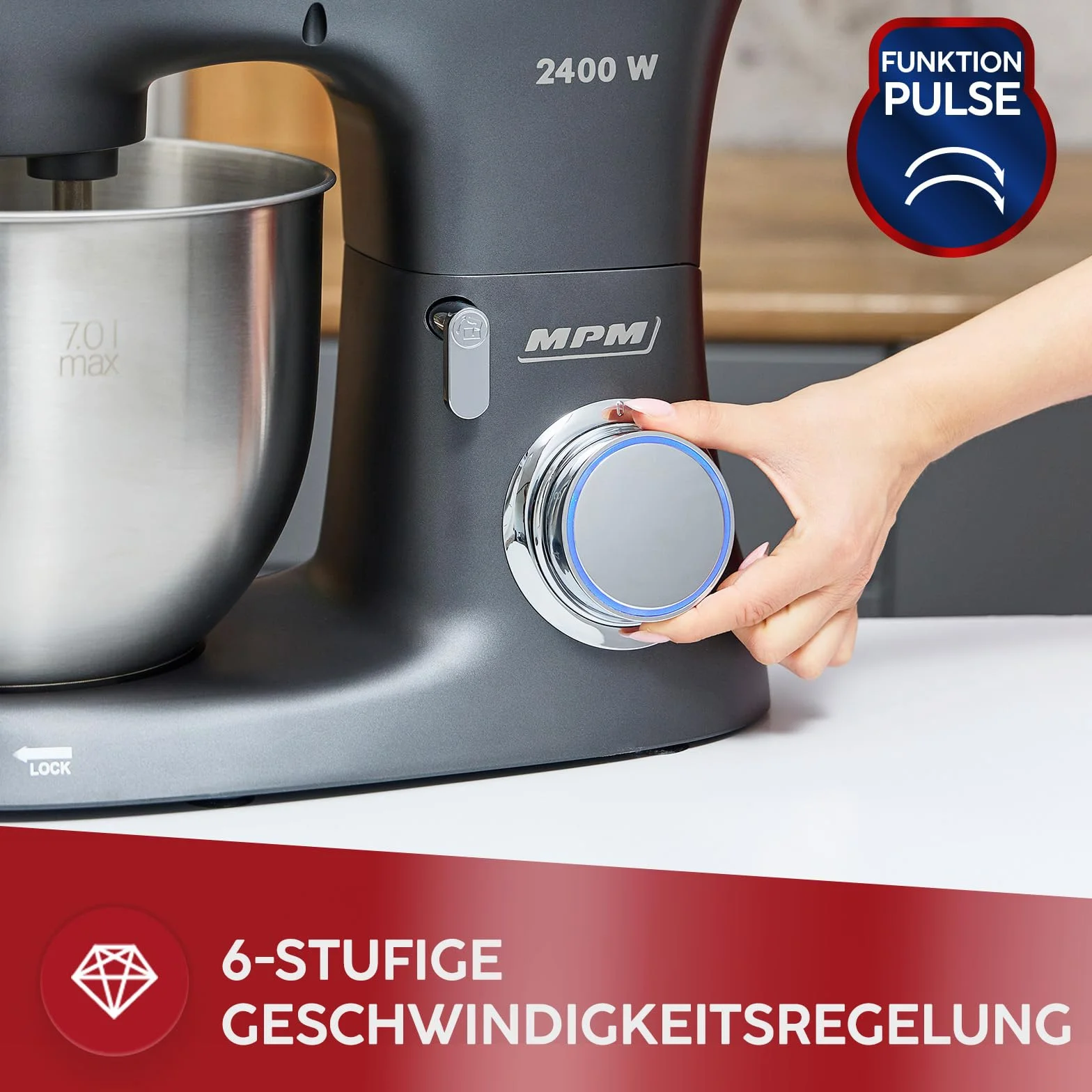 MPM Planetarny robot kuchenny MRK-23 – wielofunkcyjny mikser kuchenny 7 l – urządzenia kuchenne o wszechstronnym zastosowaniu, 2400 W, dwie miski, trzy wymienne trzepaczki