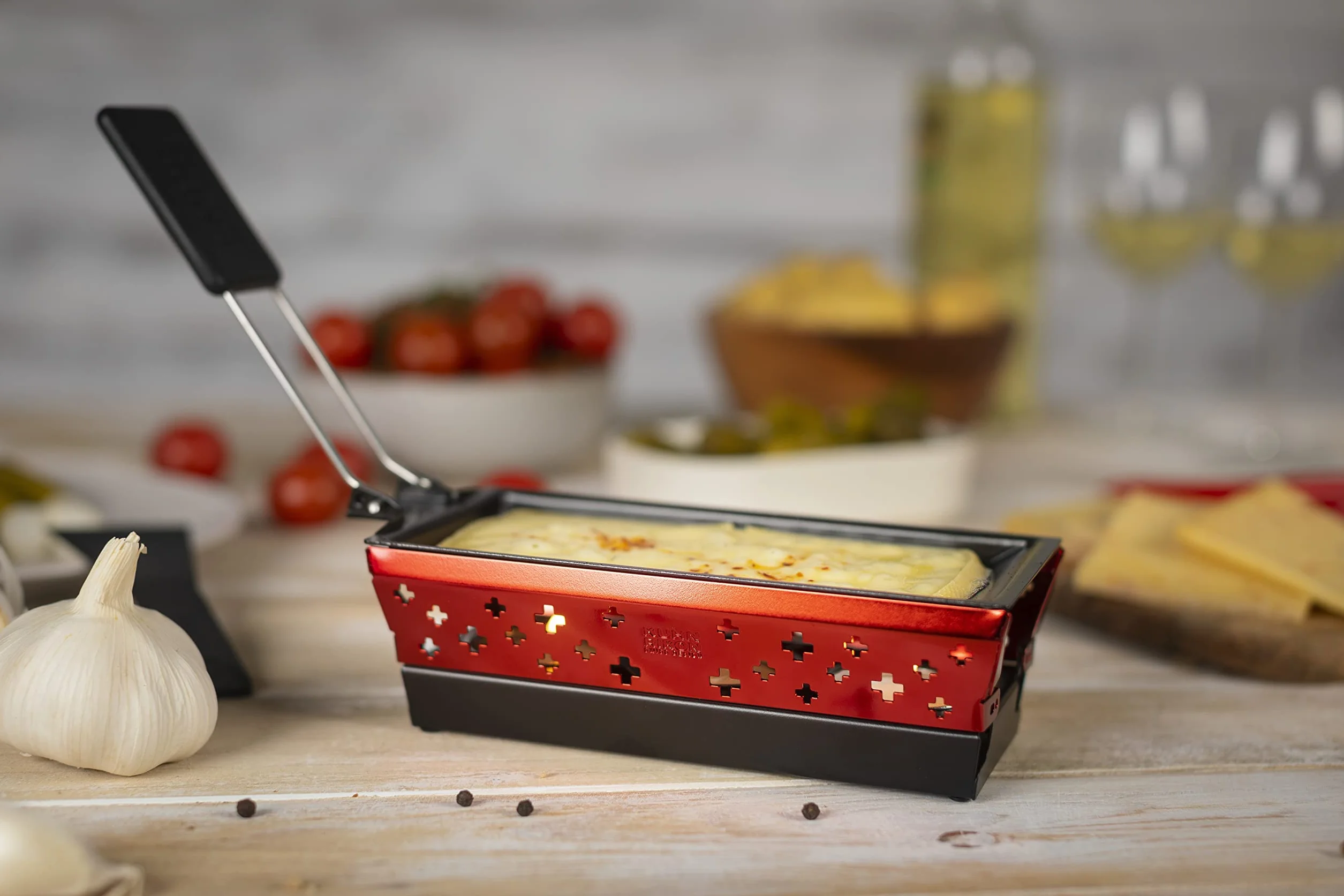 KUHN RIKON Candle Light Mini zestaw do raclette krzyż, czerwony, nieprzywierające patelnie do grilla