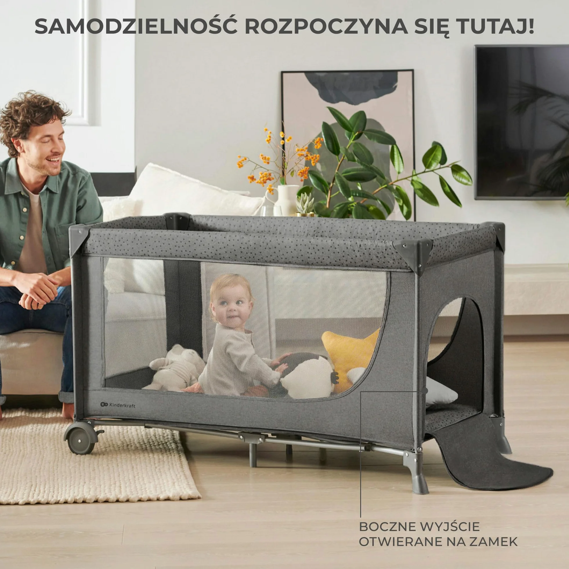 Kinderkraft JOY ACC 2 Łóżeczko turystyczne 3 w 1, Boczne wejście, Beżowy