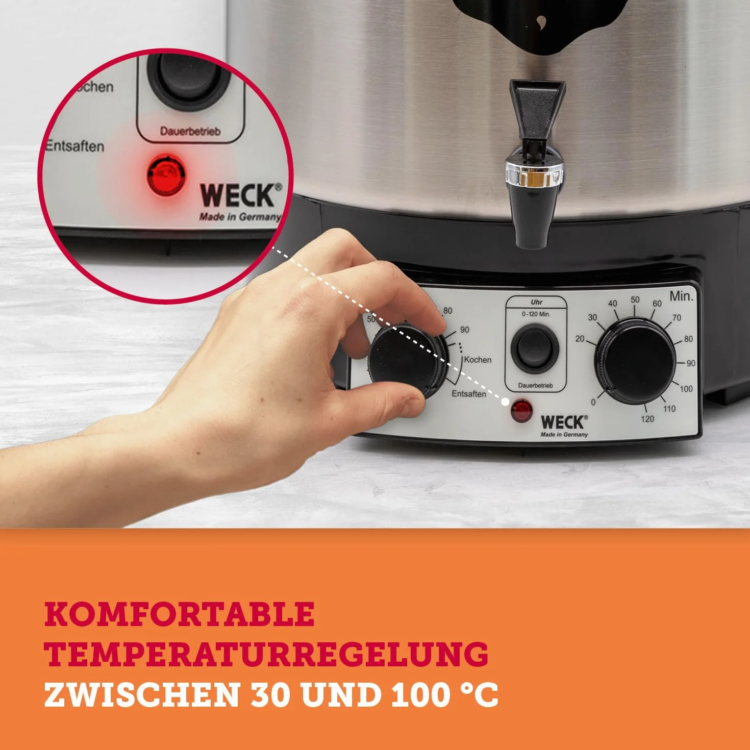 WECK WAT25-A automat do gotowania ze stali nierdzewnej z precyzyjnym termostatem, kranem spustowym i programatorem czasowym – garnek do gotowania 30 l, do grzanego wina, sokowirówka parowa, automat do