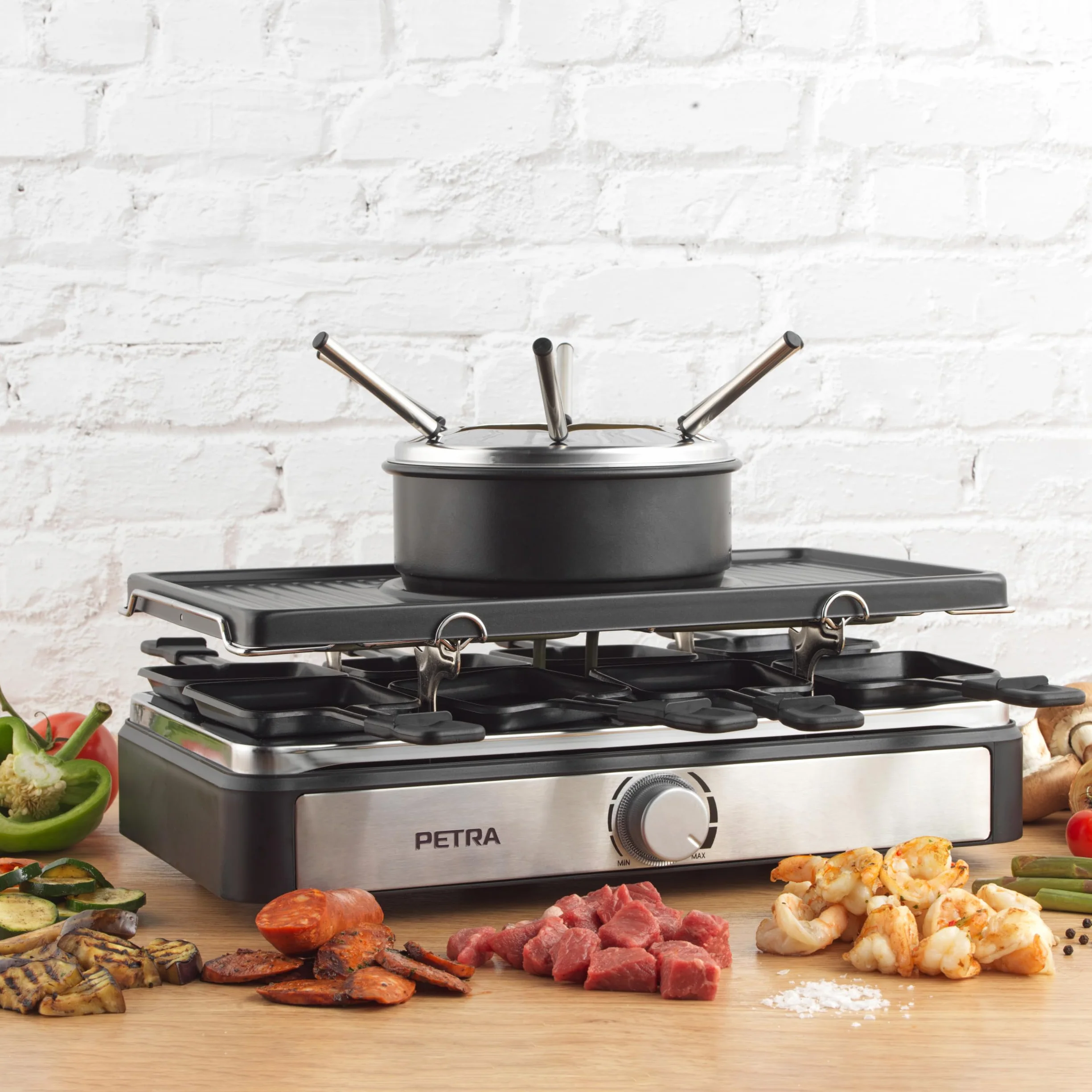 Petra PT4513VDE Elektryczny zestaw raclette i fondue 2 w 1, 1400 W, 1,3 l, 8 patelni