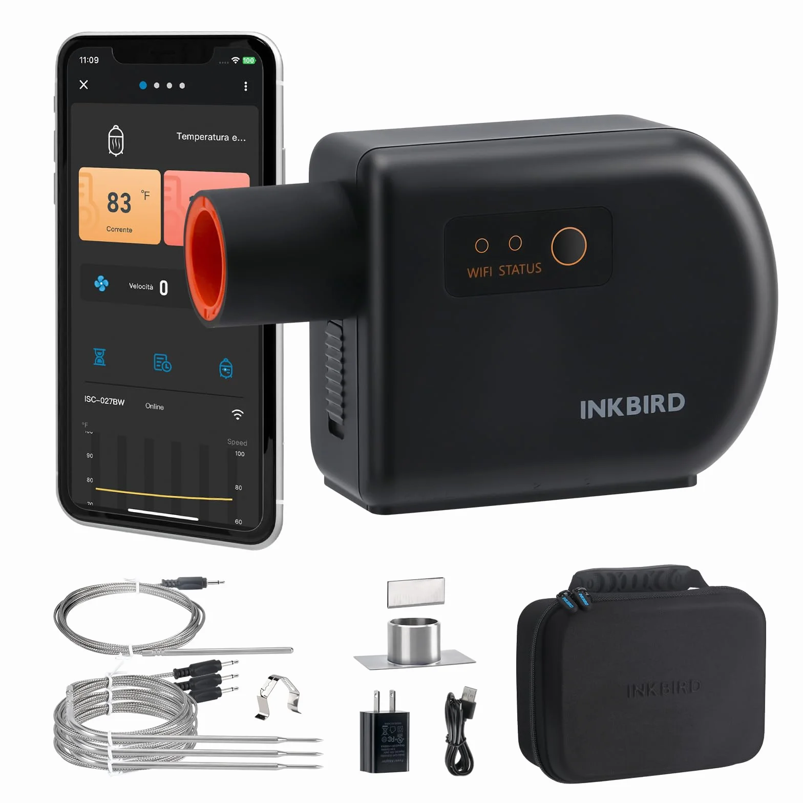 Inkbird Dmuchawa do grilla, Bluetooth 5.1 i Wi-Fi 2,4 GHz, automatyczny termometr grillowy z 4 sondami, kompatybilny z Big Green Egg, Kamado Joe, Primo, Vision Grill, Akorn Kamado