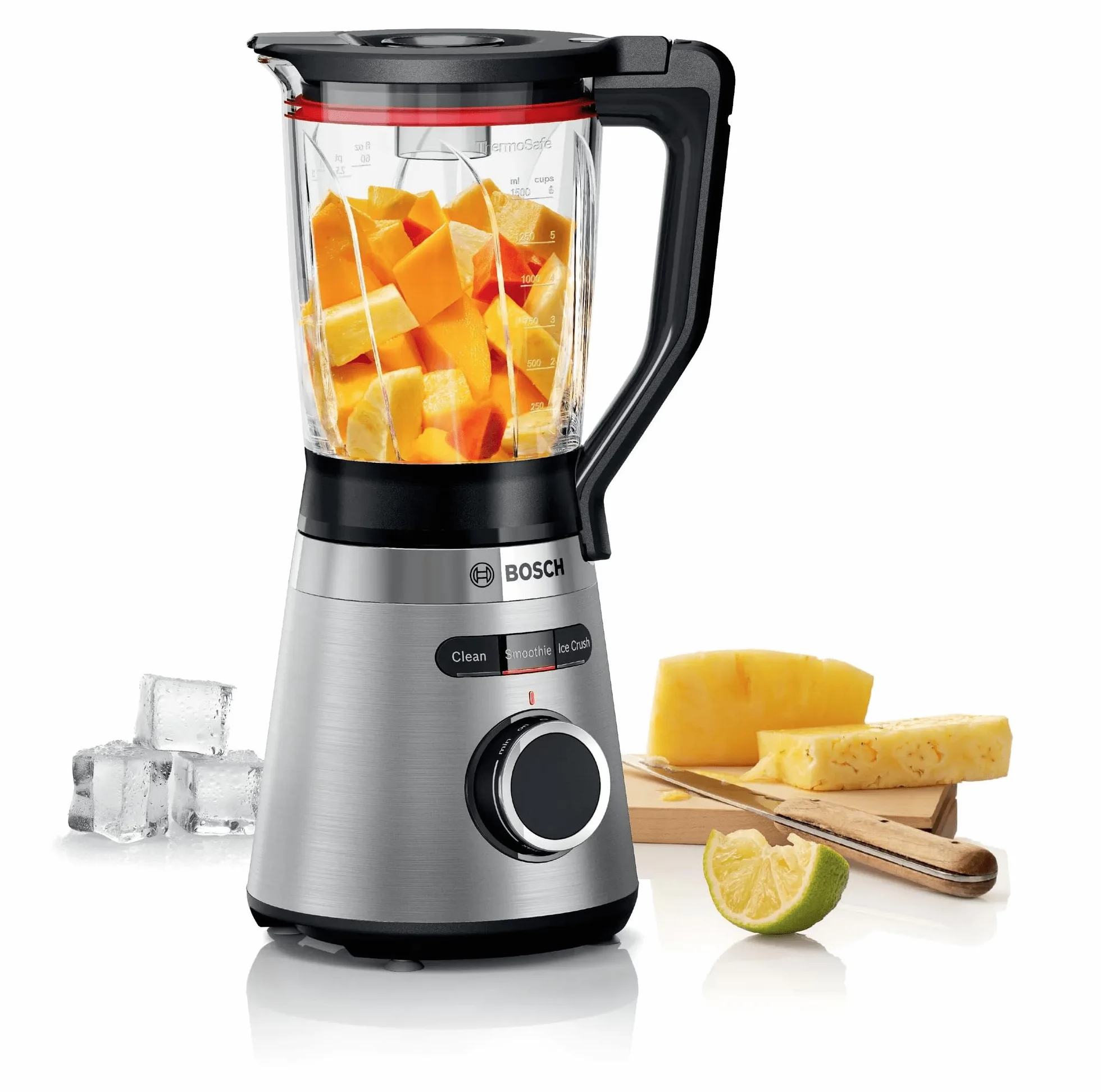 Bosch VitaPower seria 4 MMB6382M, ostrza ze stali nierdzewnej, wyprodukowano w Niemczech, szklany pojemnik ThermoSafe, popychacz, pokrywka bezpieczeństwa, części nadające się do mycia w zmywarce, 30