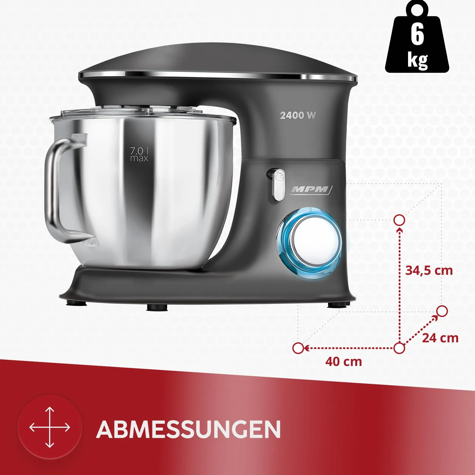 MPM Planetarny robot kuchenny MRK-23 – wielofunkcyjny mikser kuchenny 7 l – urządzenia kuchenne o wszechstronnym zastosowaniu, 2400 W, dwie miski, trzy wymienne trzepaczki