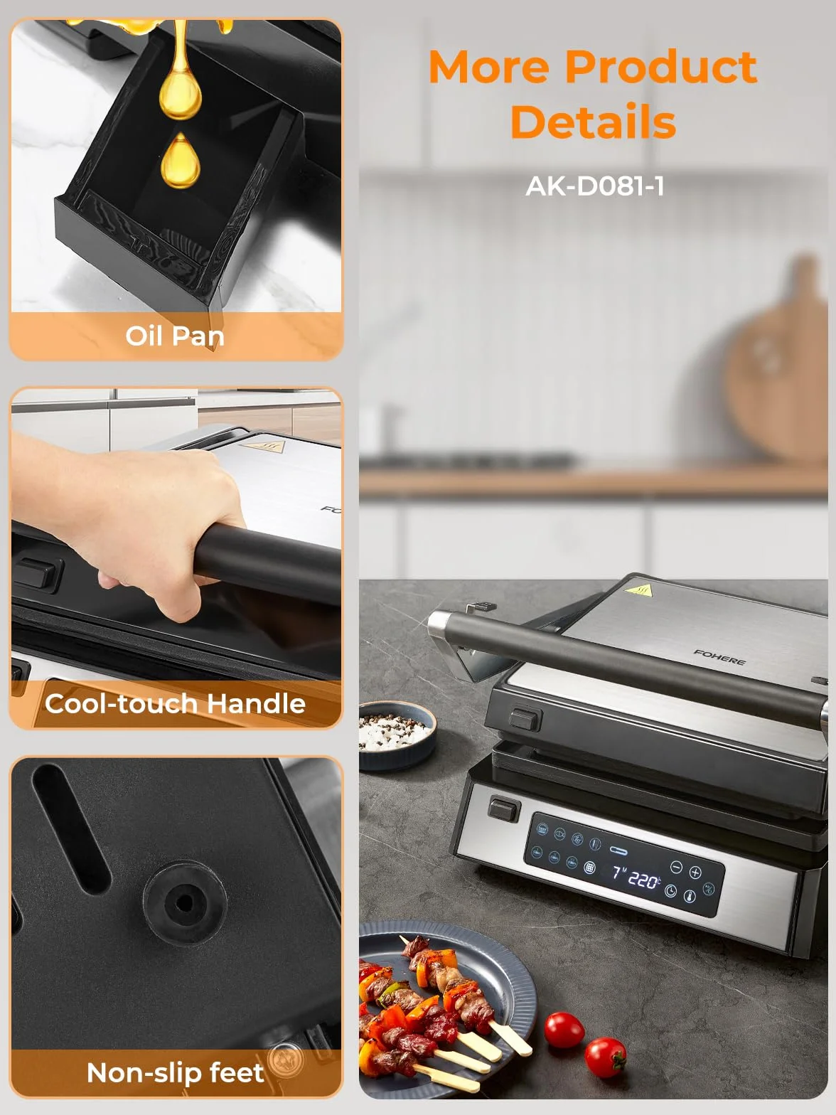 FOHERE Grill kontaktowy XL 4 w 1, opiekacz do kanapek i gofrownica 2200 W, z 4 zdejmowanymi płytami
