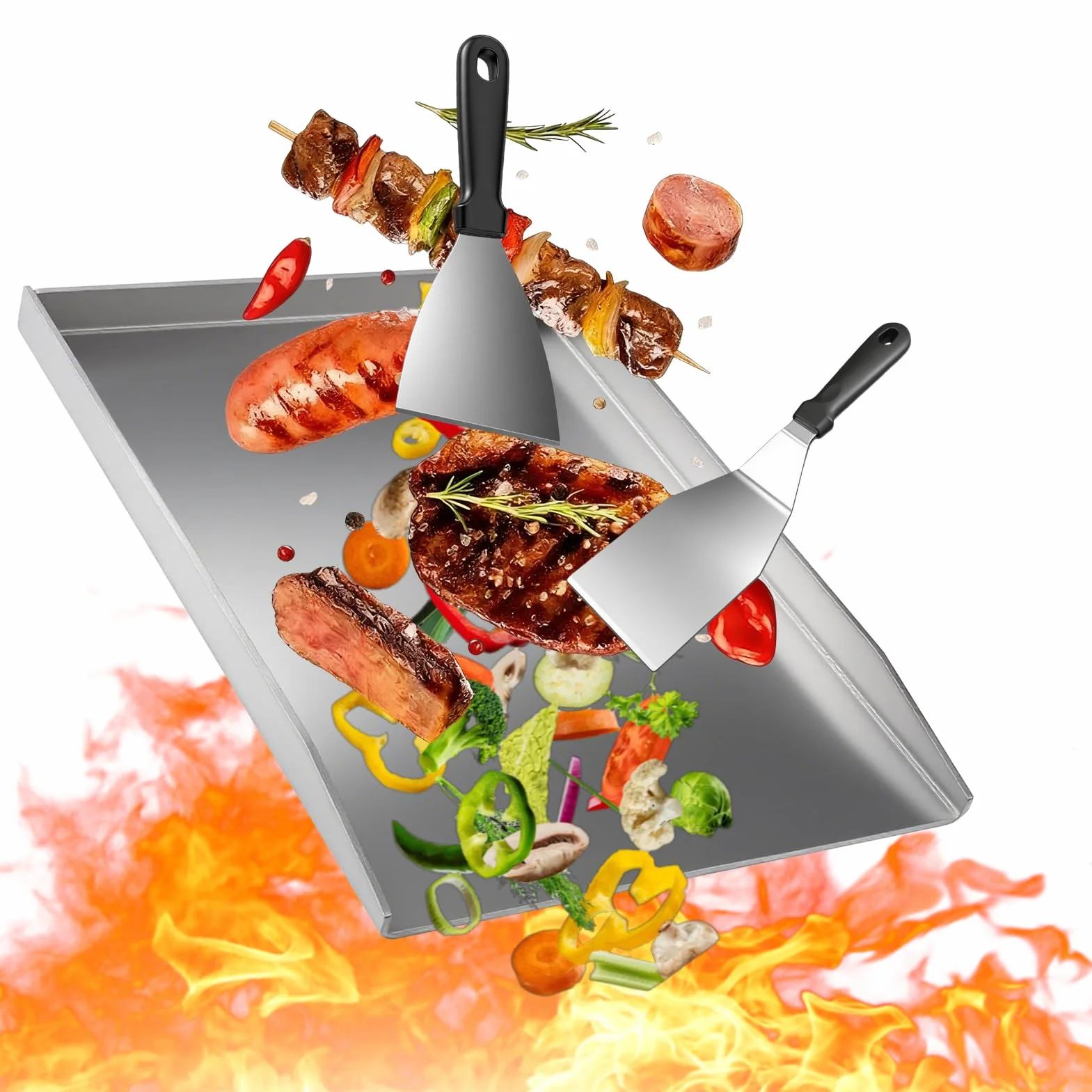 Plancha płyta grillowa ze stali nierdzewnej, 40 x 30 cm, duża płyta grillowa Plancha ze stali nierdzewnej z 2 szpatułkami do grilla gazowego i węglowego