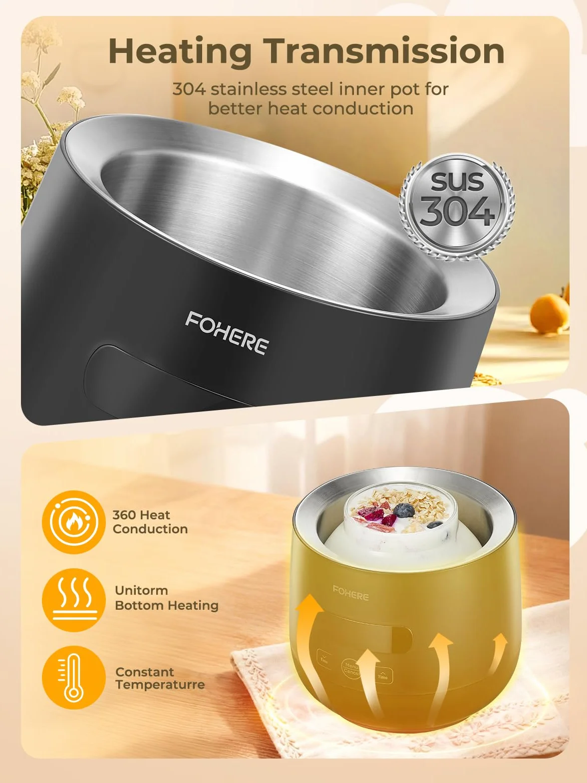 FOHERE Jogurtownica 2 Szklane Pojemniki 2000 ml 1400 ml 4 Ceramiczne Kubki 125 ml 8 Programów Urządzenie Do Jogurtu Greckiego
