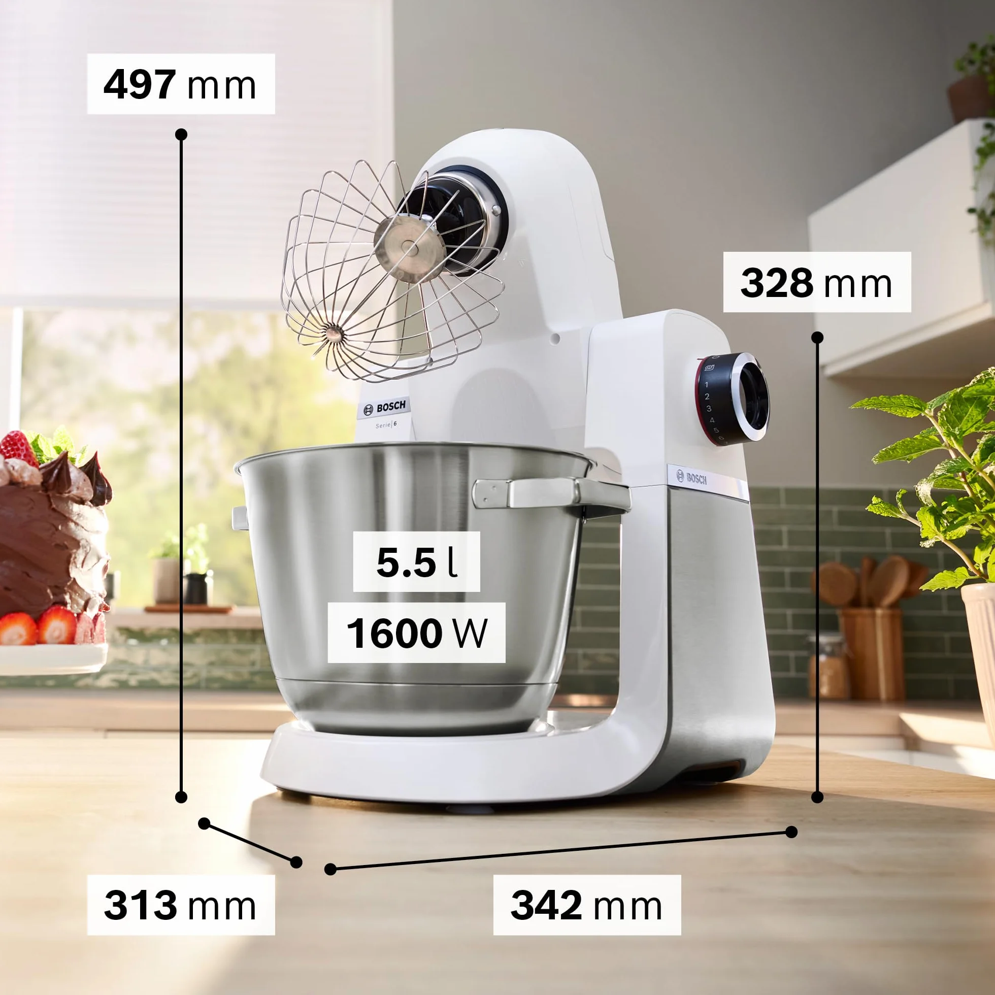 Bosch, robot kuchenny, Series 6, 1600 W, mieszanie planetarne 3D, zestaw cukierniczy, tarka wielofunkcyjna, szklany blender ThermoSafe, biało-srebrny ze stali nierdzewnej, MUMS6EW22