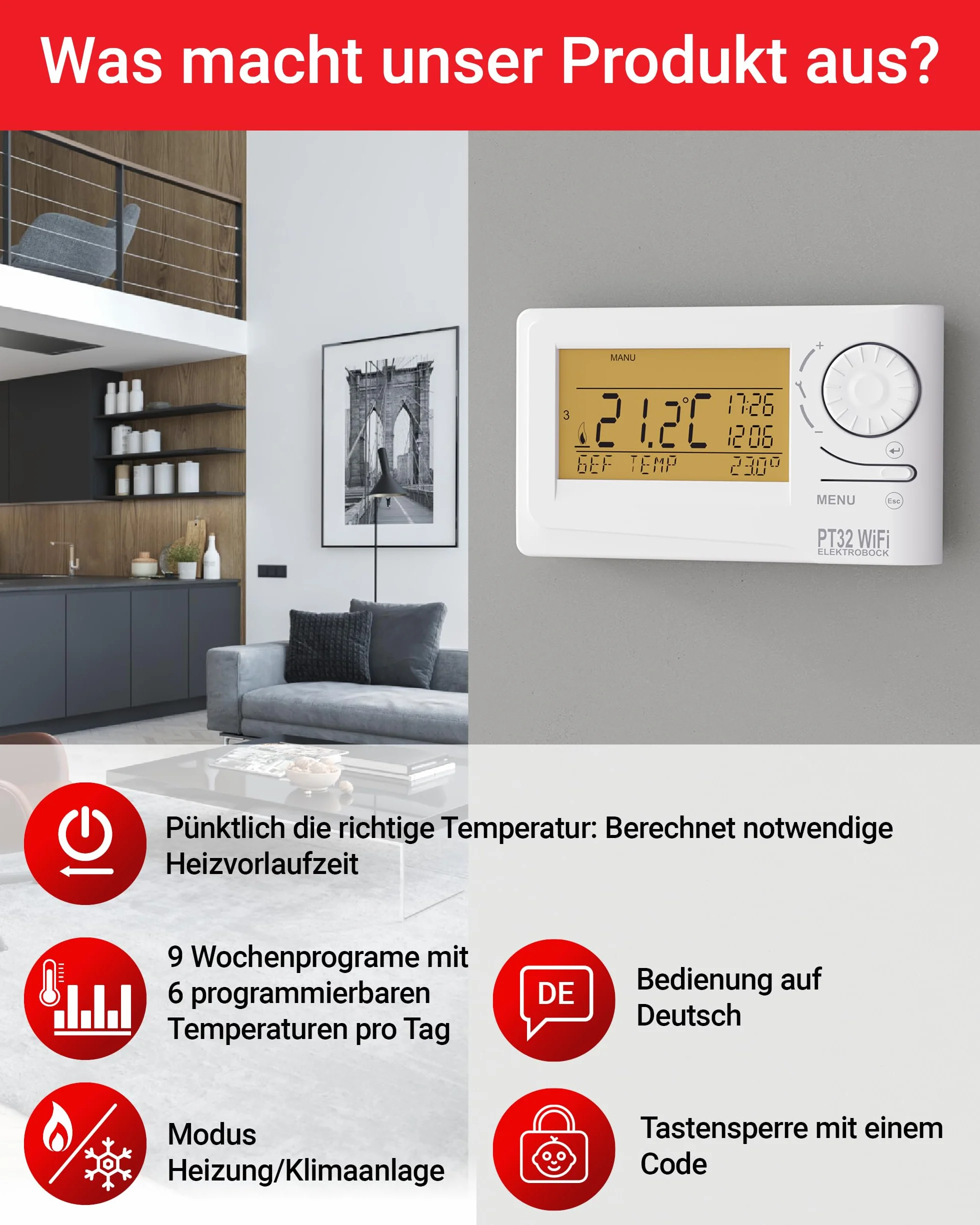 Elektrobock Termostat pokojowy z modułem WiFi, biały, normalny, PT32 WiFi