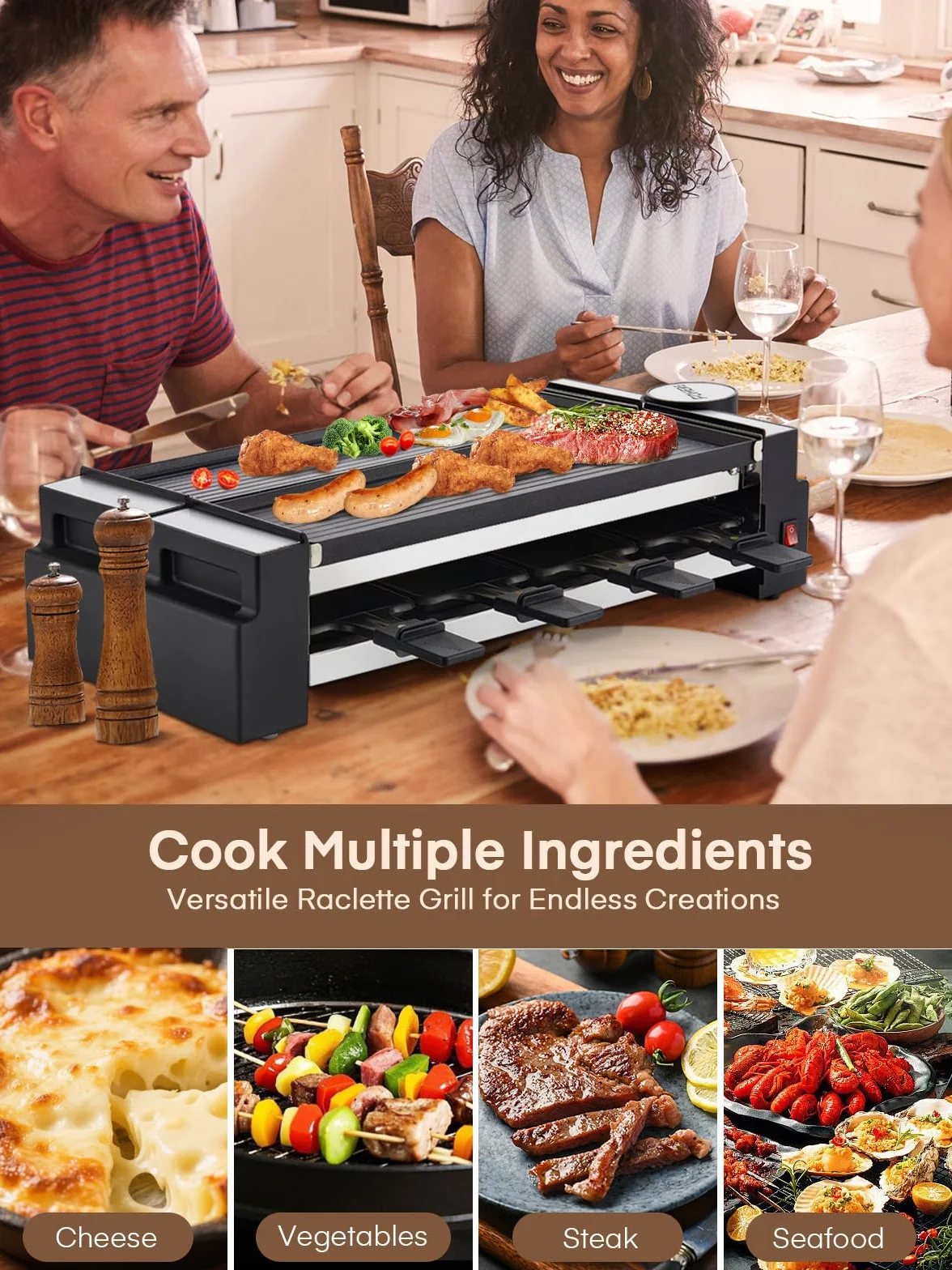 FOHERE Grill Raclette 1400 W dla 8 Osób, Nieprzywierająca Płyta, Matowa Stal Nierdzewna