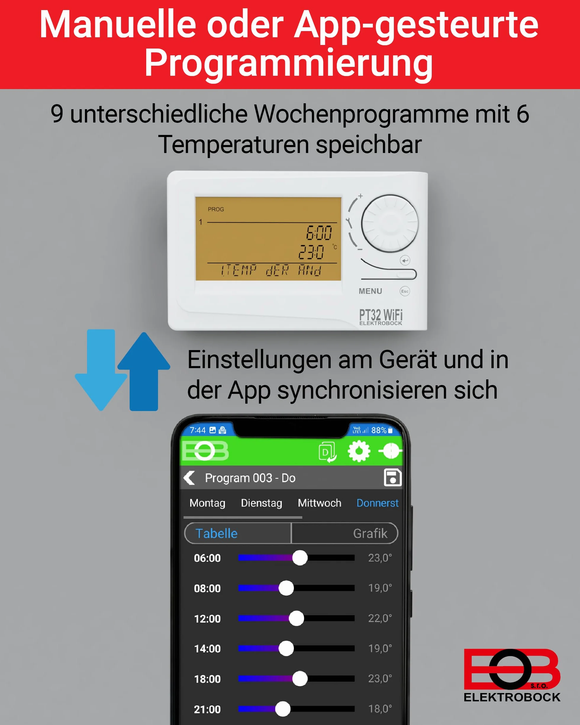 Elektrobock Termostat pokojowy z modułem WiFi, biały, normalny, PT32 WiFi