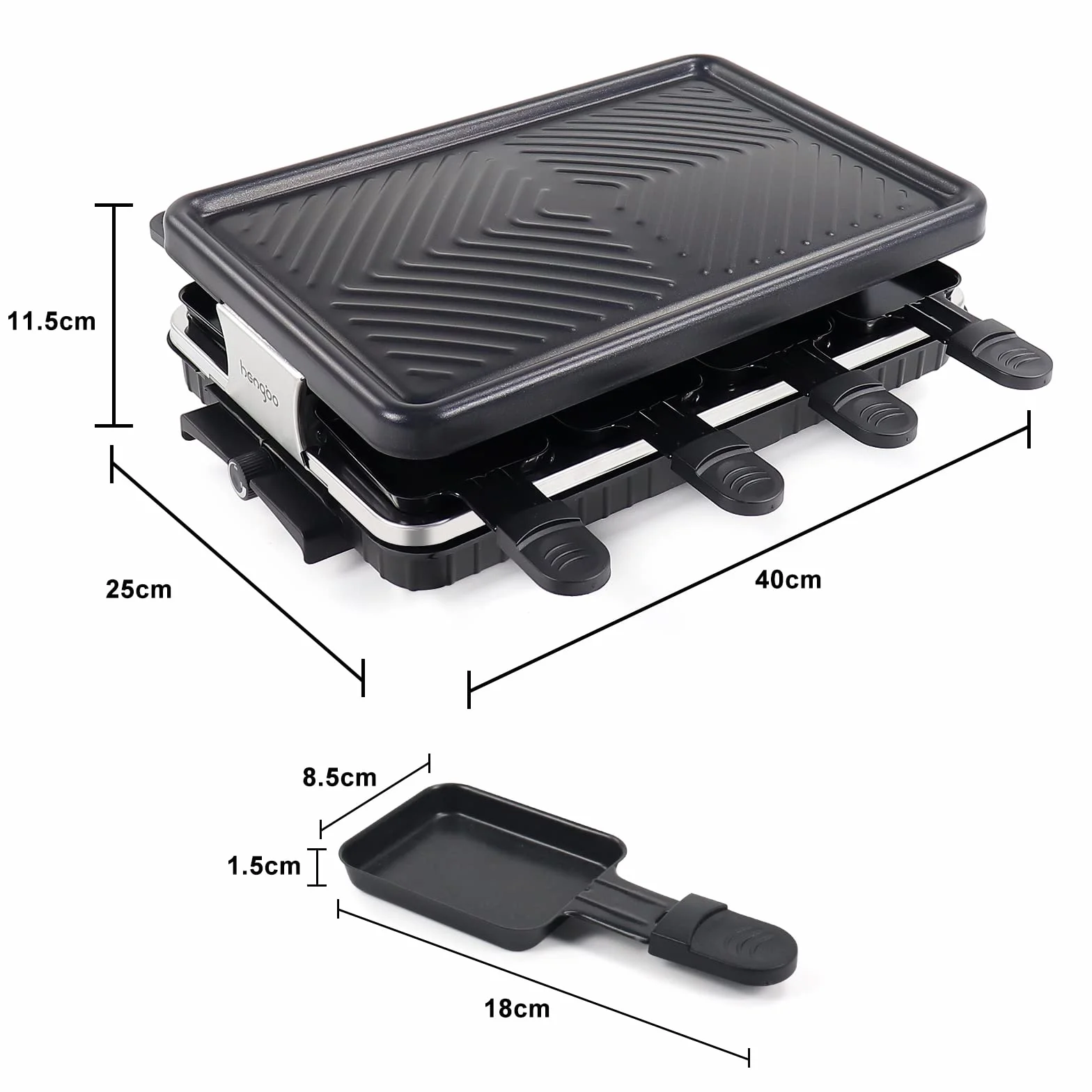 Elektryczny grill stołowy raclette dla 8 osób z powłoką nieprzywierającą, 8 mini patelenkami i 4 drewnianymi szpatułkami