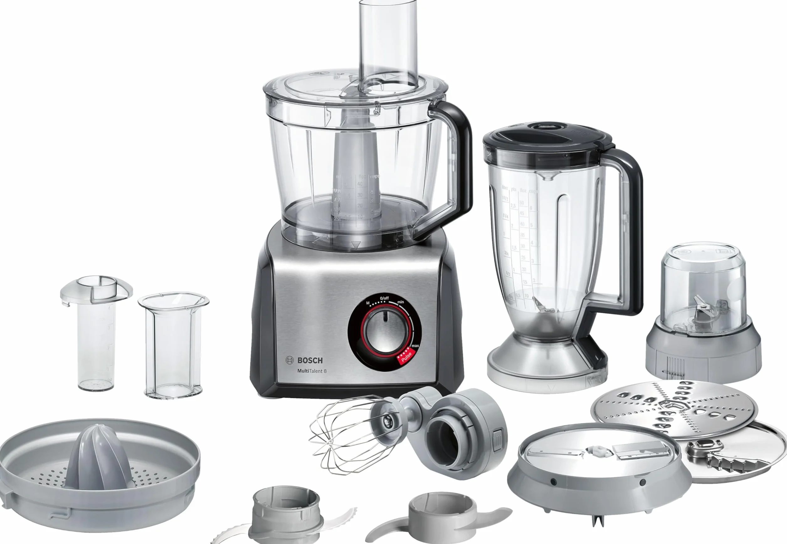 Bosch MultiTalent 8, Robot kuchenny z tarczą do frytek i młynkiem do ziaren, 1250 W, duża misa 3,9 l, mikser 1,5 l, wyciskarka do cytrusów, wyświetlacz LED, MC812M844, biały, szczotkowana stal