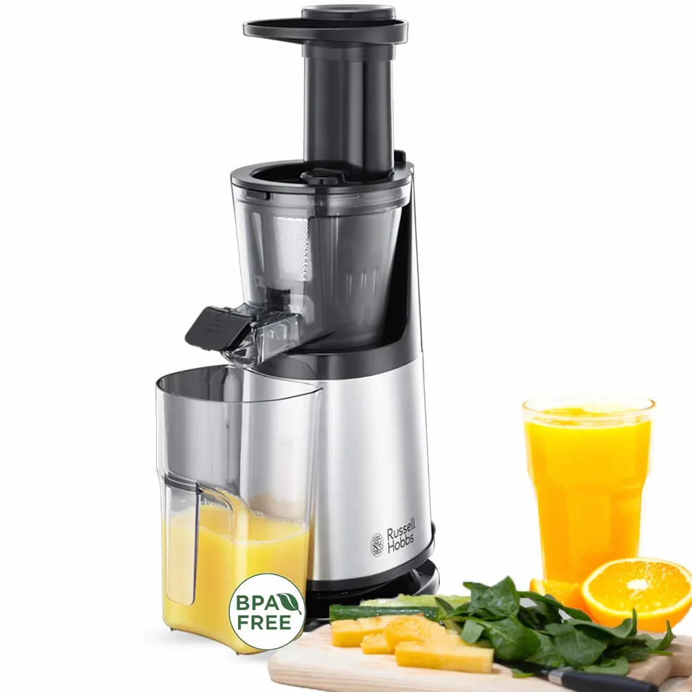 Russell Hobbs sokowirówka, wolnoobrotowa, 1 poziom prędkości, funkcja cofania, cicha, łatwe czyszczenie, blokada bezpieczeństwa, moc 150W, srebrna, czarna, Slow Juicer 25170-56