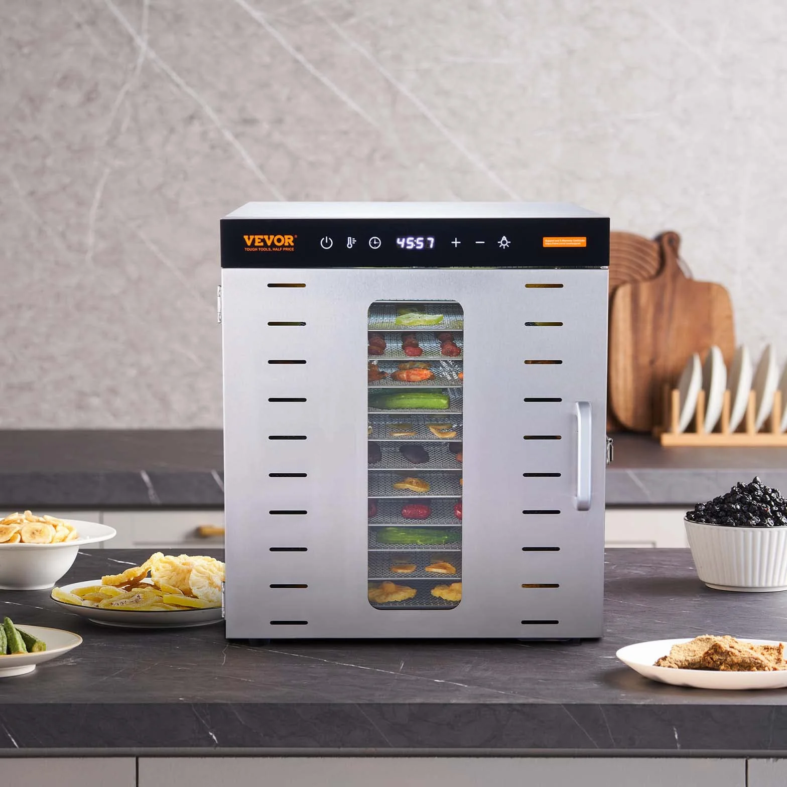 VEVOR Maszyna do odwadniania żywności 10 tacek ze stali nierdzewnej 1000 W Regulowana temperatura 30-90 °C Timer 0,5-48 h