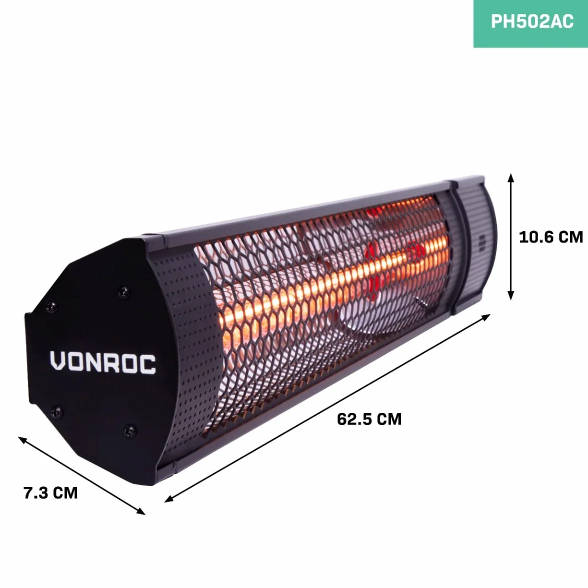 VONROC Elektryczny promiennik podczerwieni na taras [2000 W] – promiennik tarasowy [lampa Lowglare] zapewnia szybkie ciepło | ogrzewanie tarasowe na zewnątrz [IP65] (czarny, 2000 W)