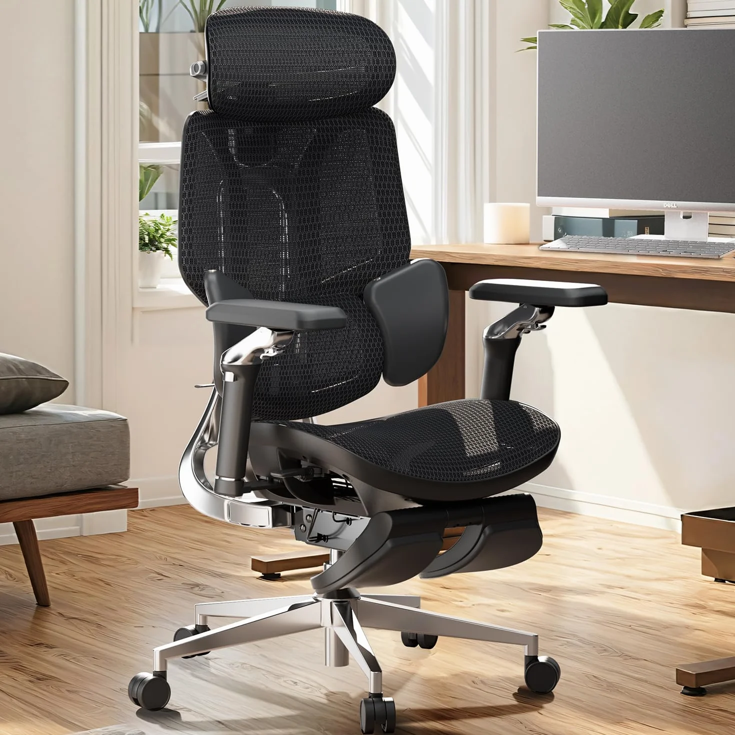 Hbada E3 Ultra Ergonomiczny Fotel Biurowy - Dynamiczne 3-Strefowe Wsparcie Lędźwiowe, Mechaniczne Podłokietniki 360°, Regulowany Zagłówek 4D, Wysokiej Jakości Siatka Mesh, Czarny