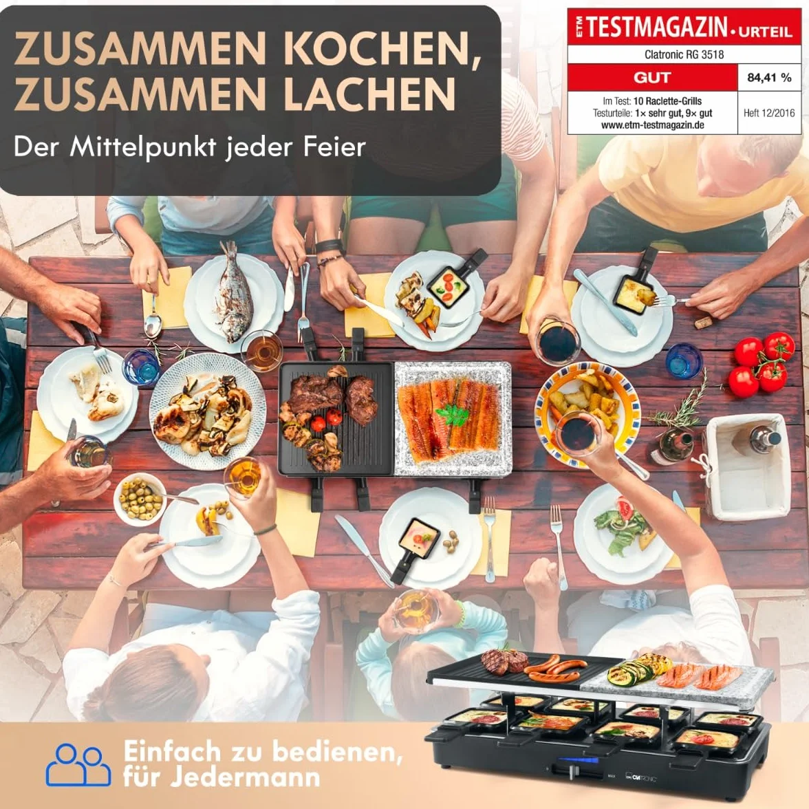 Clatronic RG 3518 Grill Raclette z Gorącym Kamieniem, Dwustronna Płyta, Czarny