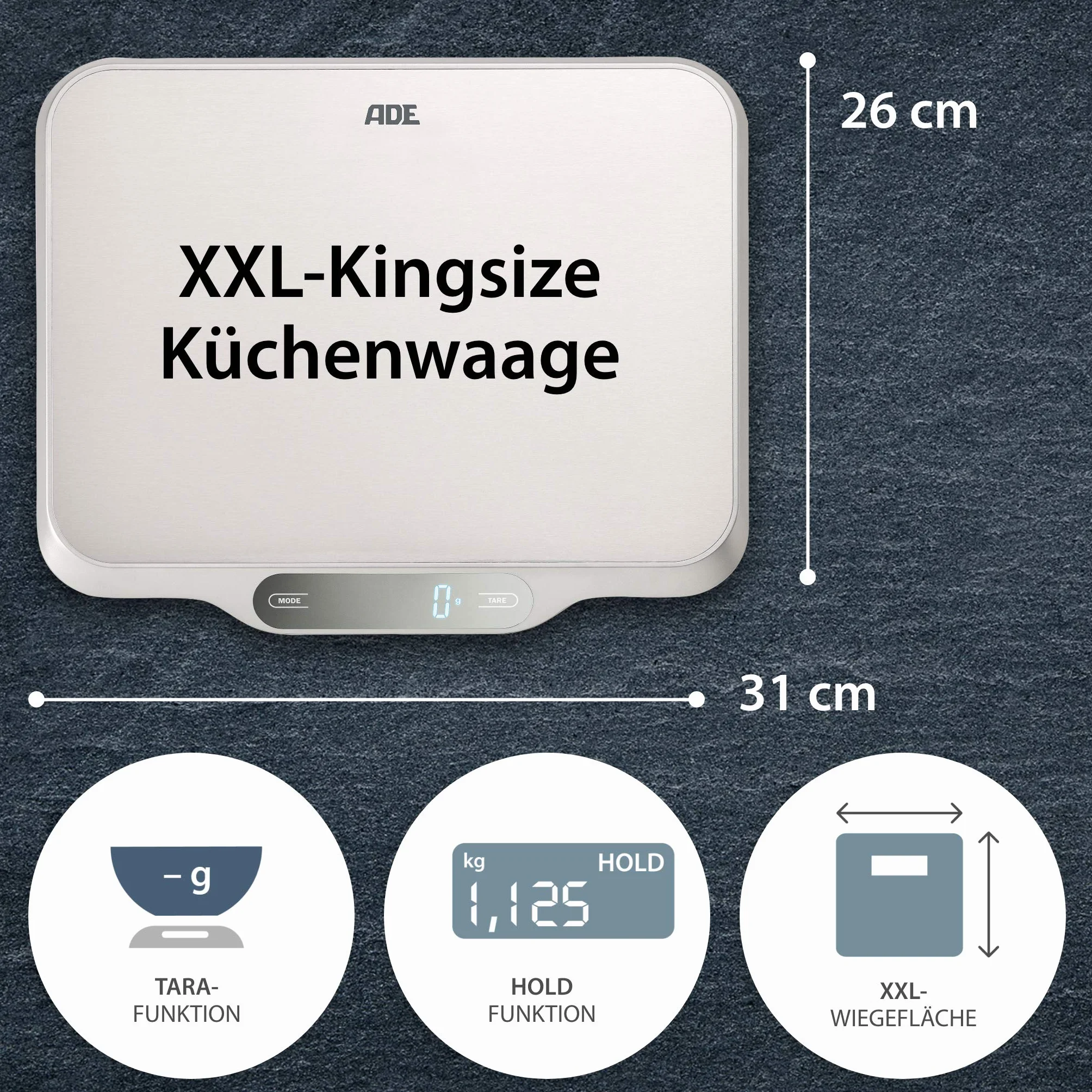 ADE Ladina cyfrowa waga kuchenna 15 kg stal nierdzewna srebrna szara 31 x 26,5 x 2,5 cm