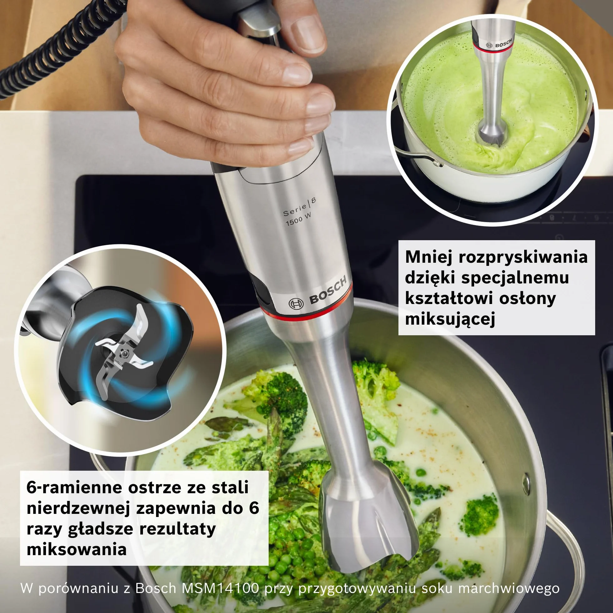 Bosch, blender ręczny, ErgoMaster Serie 8, silnik 1500 W, intuicyjna regulacja prędkości, 6-ramienne ostrze, akcesoria w zestawie, stal nierdzewna, MSM8M930