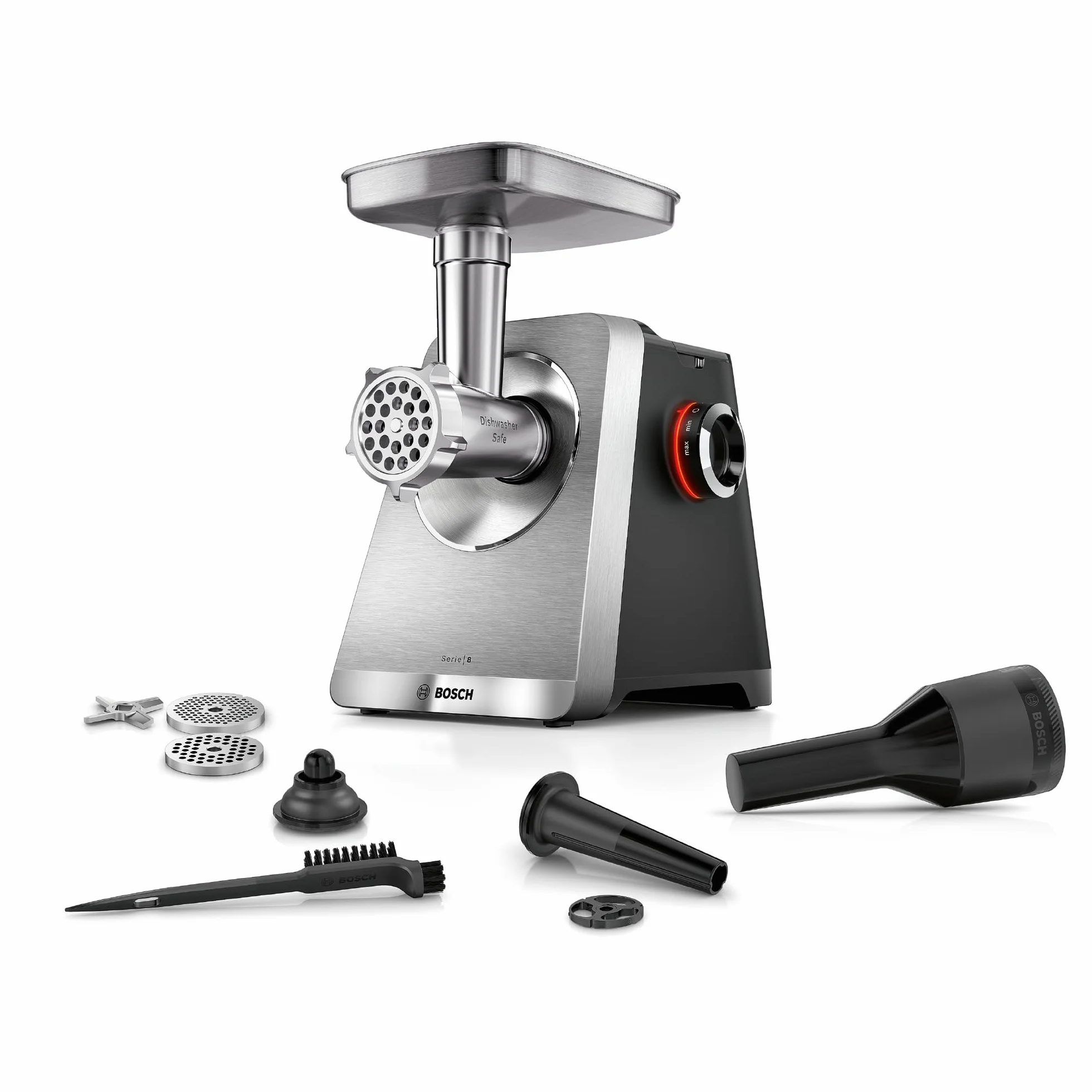 Bosch, MultiPower Serie 8, maszynka do mielenia mięsa, moc blokowania silnika do 2500 W, młynek do mięsa, nasadka do kiełbas i kebbe, czarna, MFWS820M